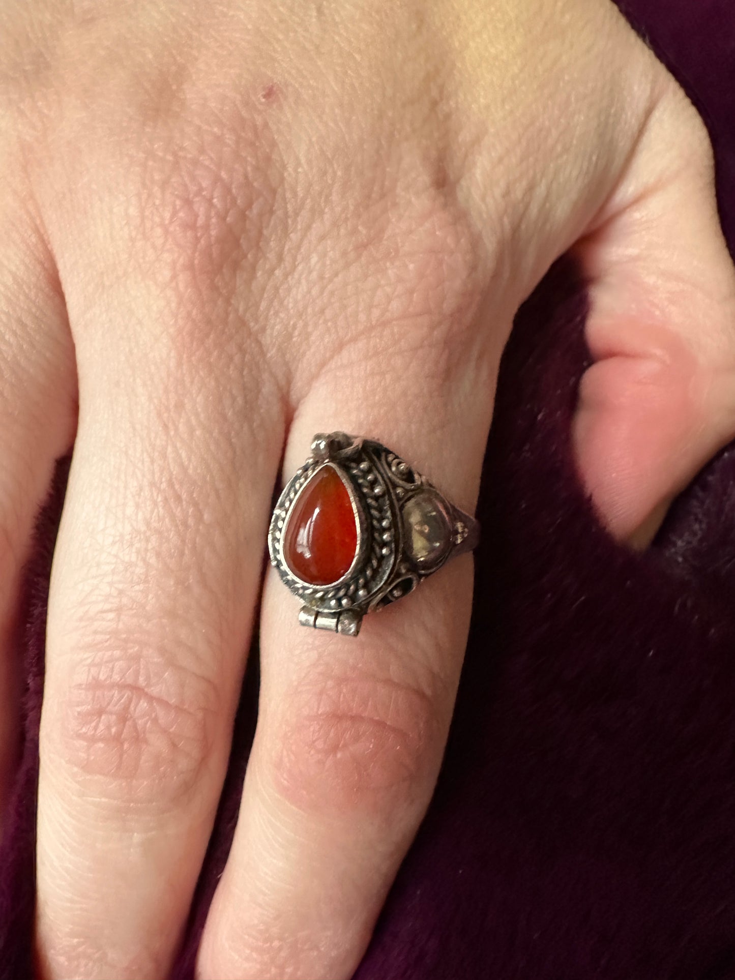 Silver & Carnelian Poison/Snuff Ring SZ 6.5 - 6.75