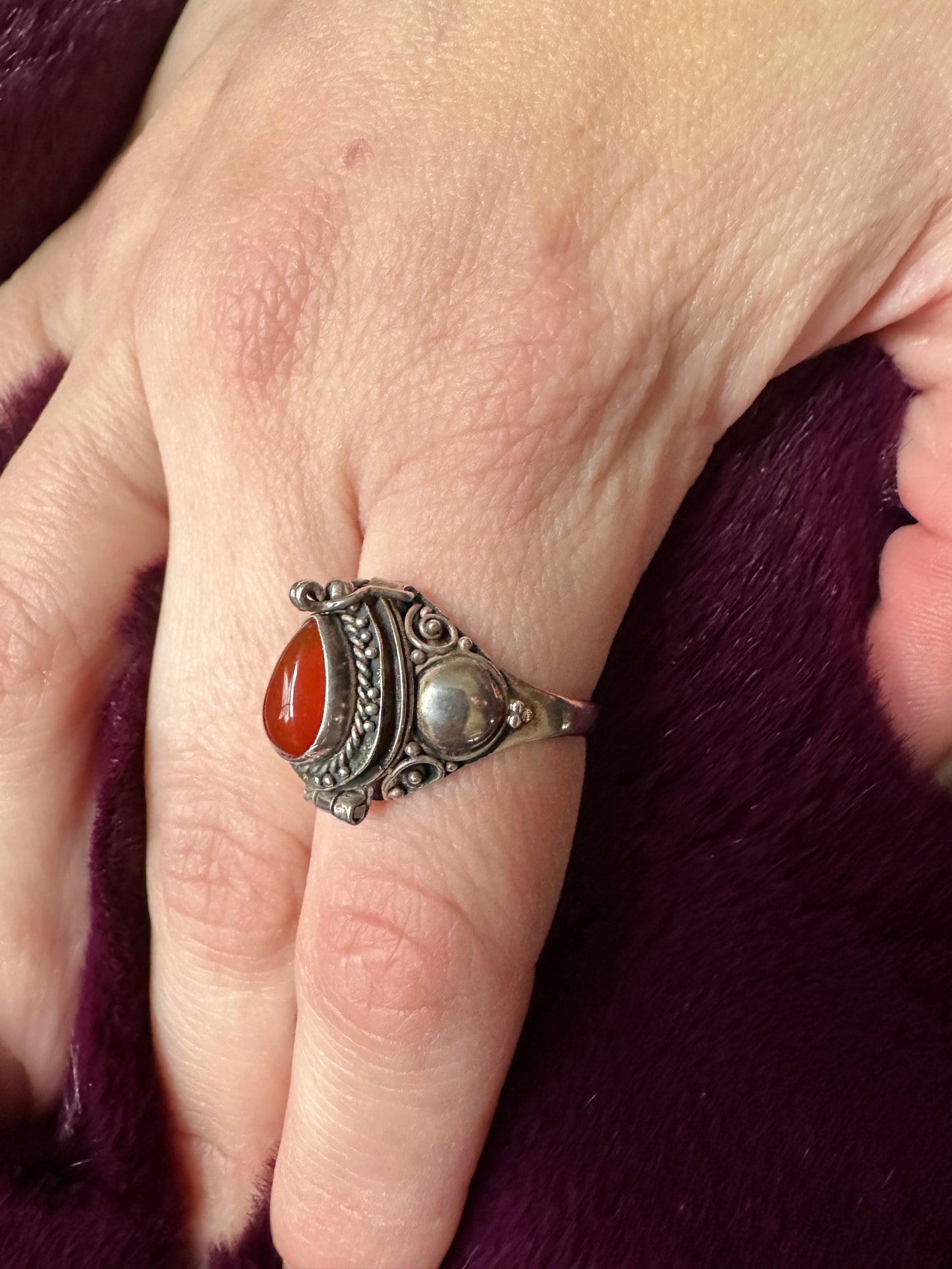 Silver & Carnelian Poison/Snuff Ring SZ 6.5 - 6.75