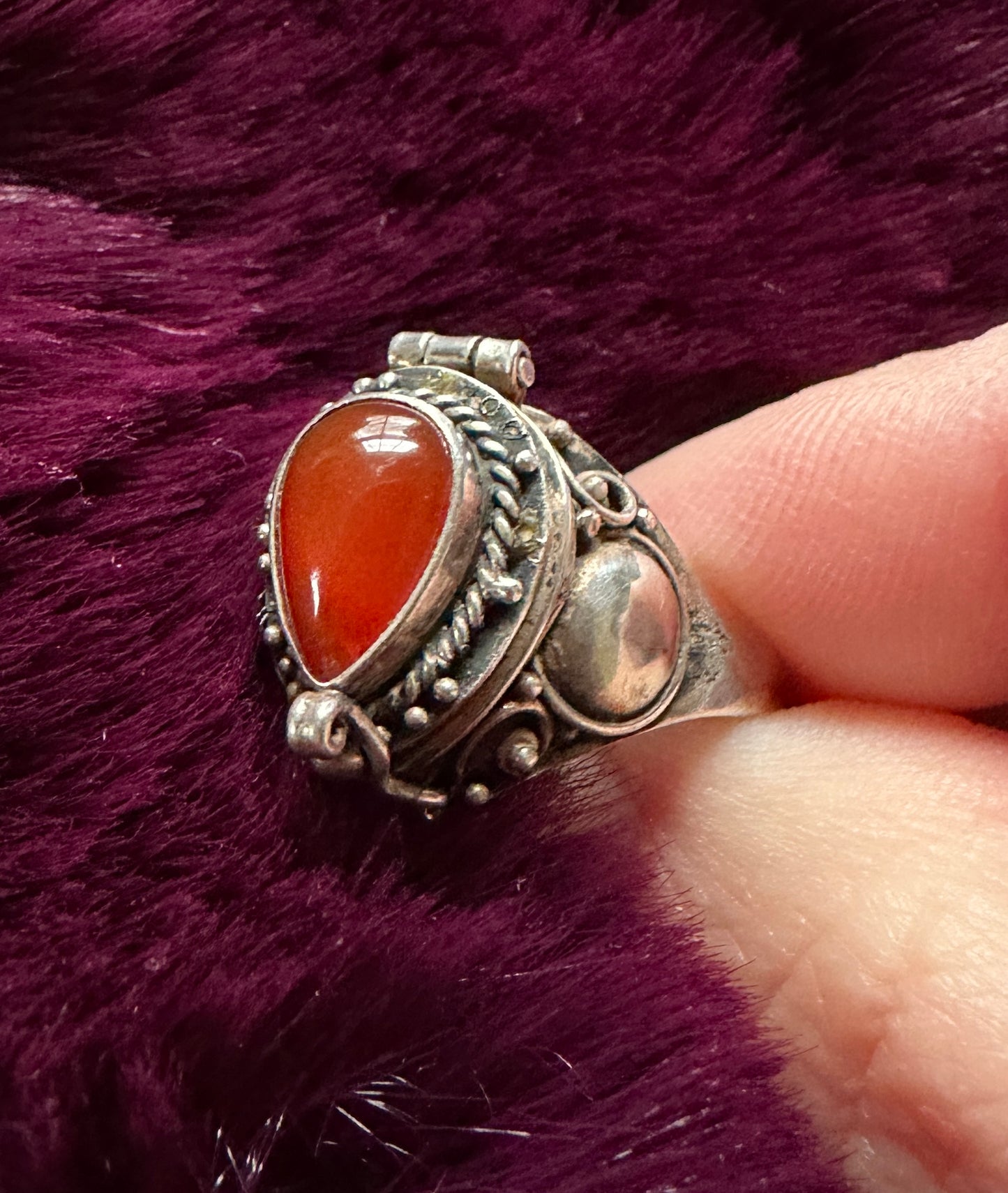 Silver & Carnelian Poison/Snuff Ring SZ 6.5 - 6.75