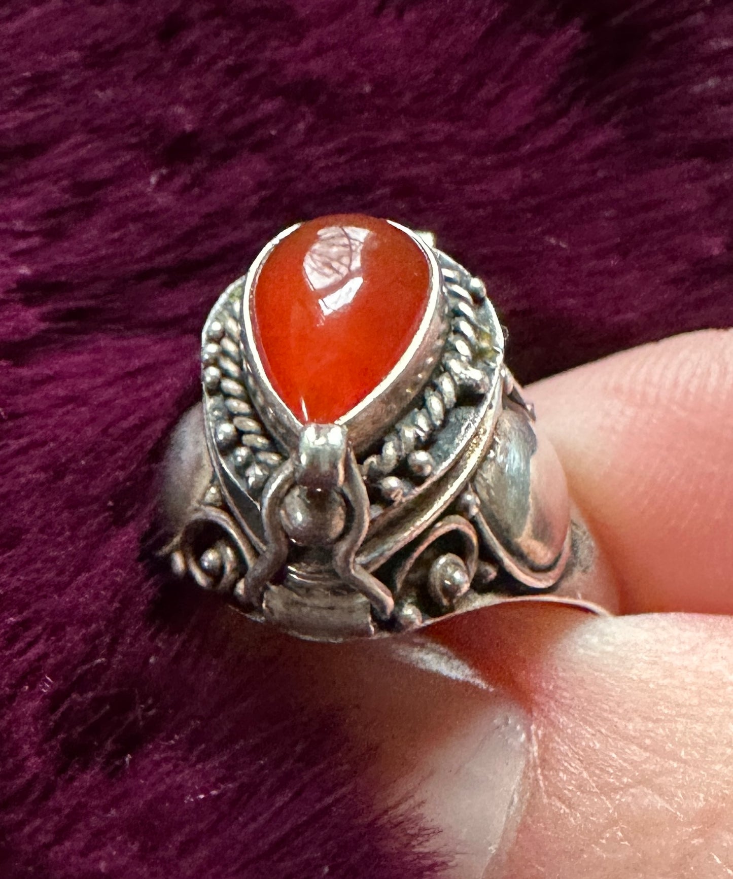 Silver & Carnelian Poison/Snuff Ring SZ 6.5 - 6.75