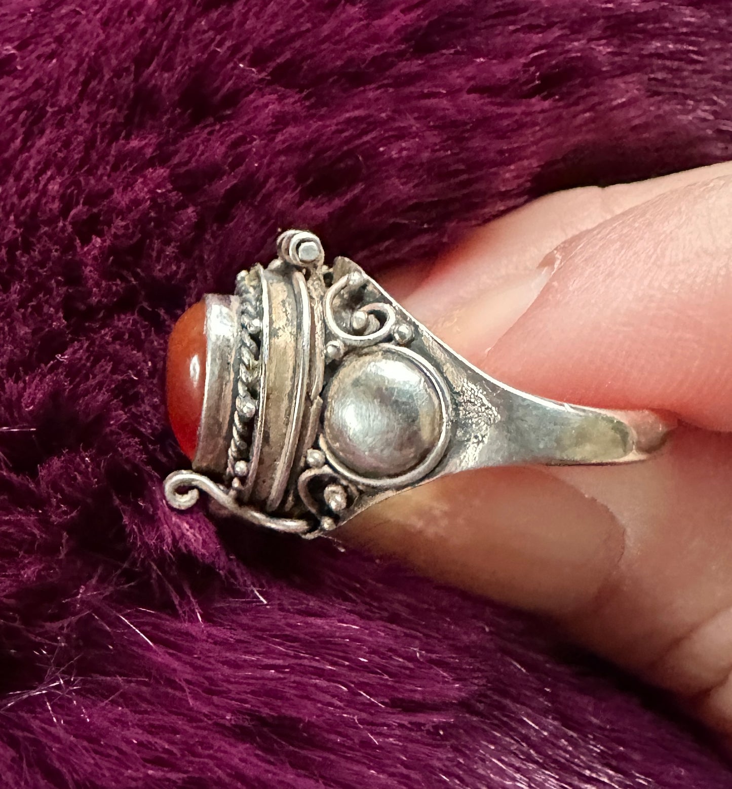 Silver & Carnelian Poison/Snuff Ring SZ 6.5 - 6.75