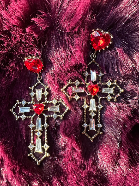 Gothic Crystal Heart & Cross Earrings