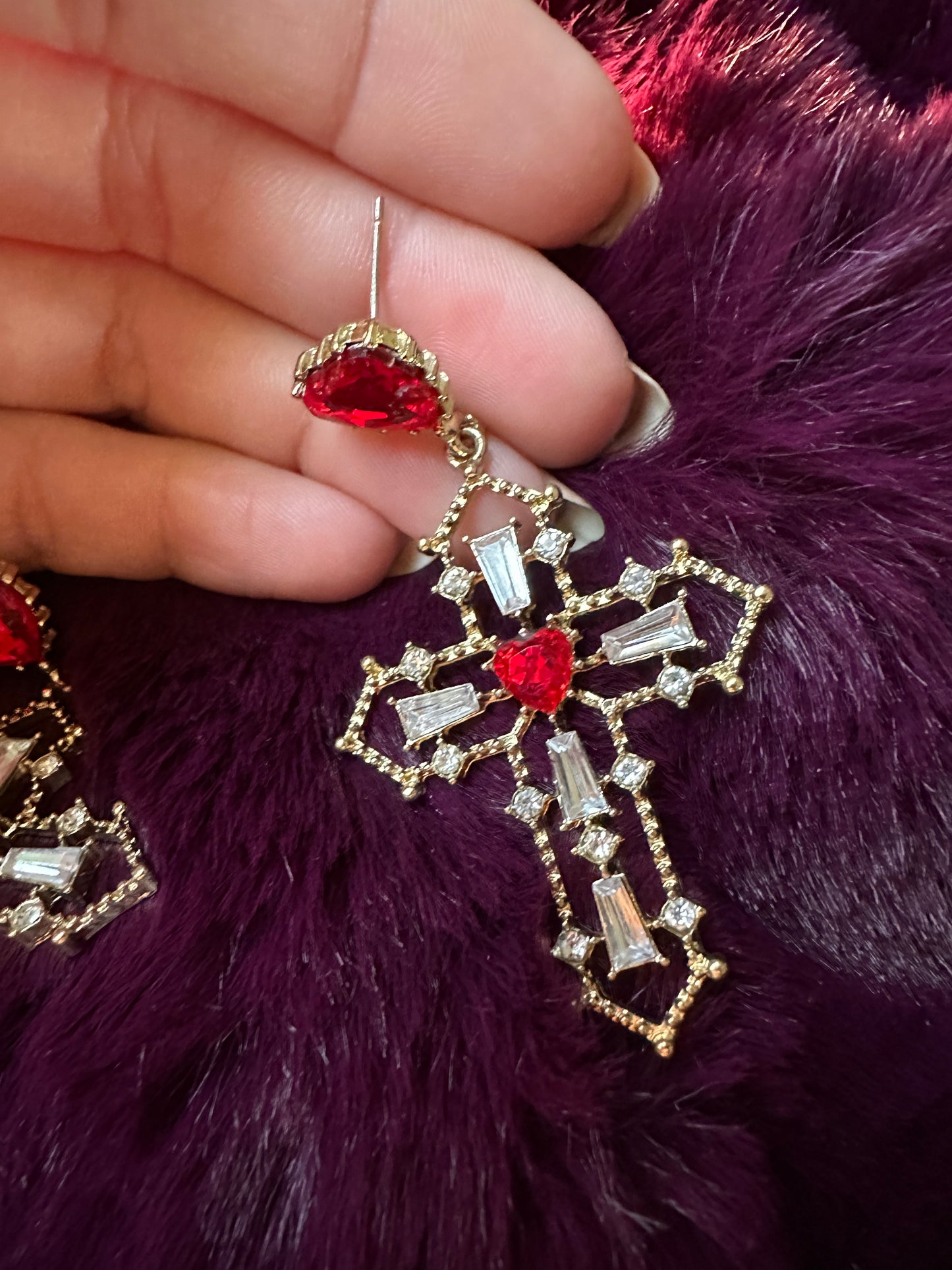 Gothic Crystal Heart & Cross Earrings