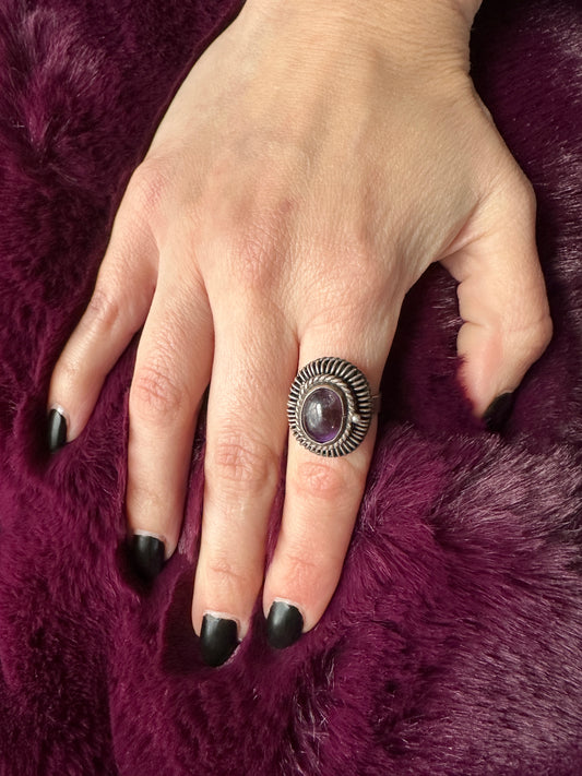 Silver & Amethyst Poison/Snuff Ring - Adjustable