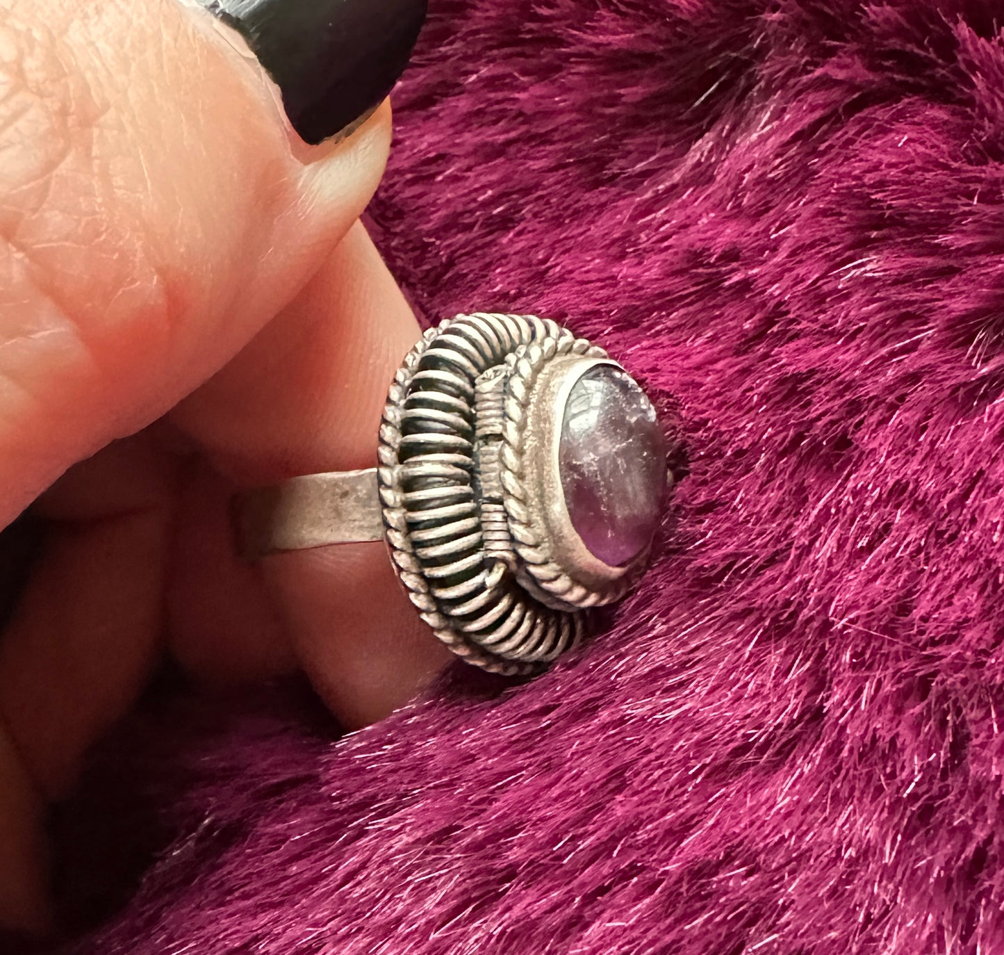 Silver & Amethyst Poison/Snuff Ring - Adjustable