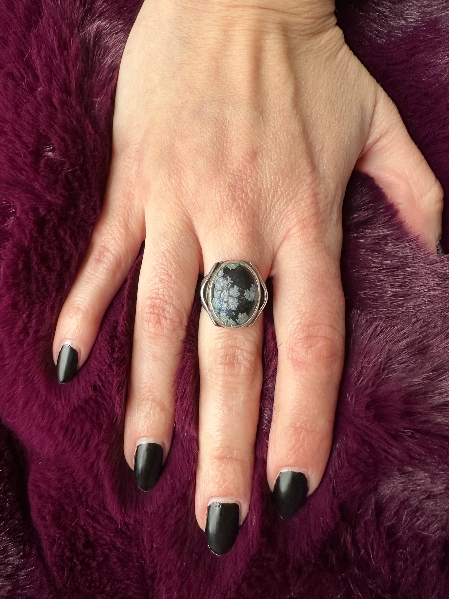 Silver & Snowflake Obsidian Ring SZ 7