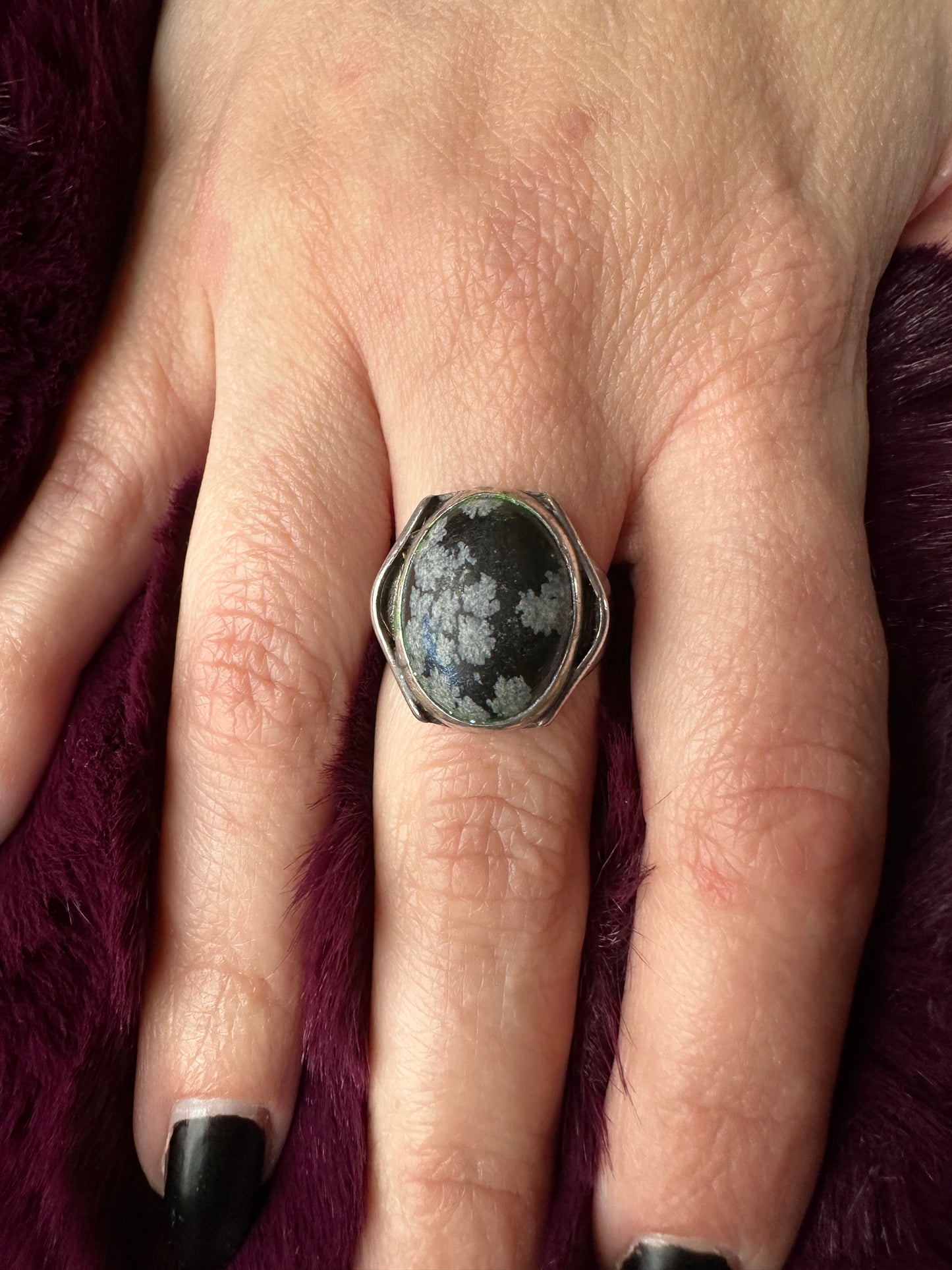 Silver & Snowflake Obsidian Ring SZ 7