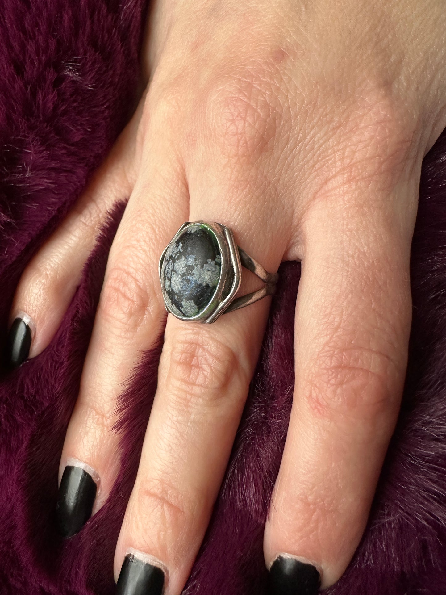 Silver & Snowflake Obsidian Ring SZ 7