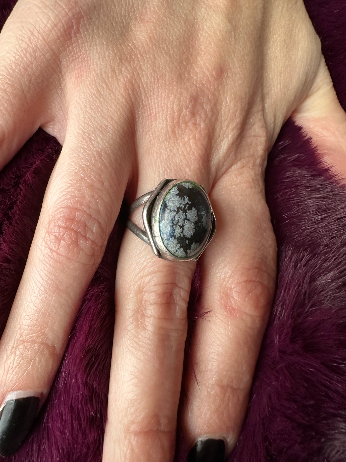 Silver & Snowflake Obsidian Ring SZ 7