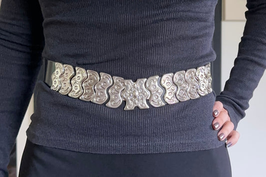 Vintage Black Leather & Silver Metal Belt