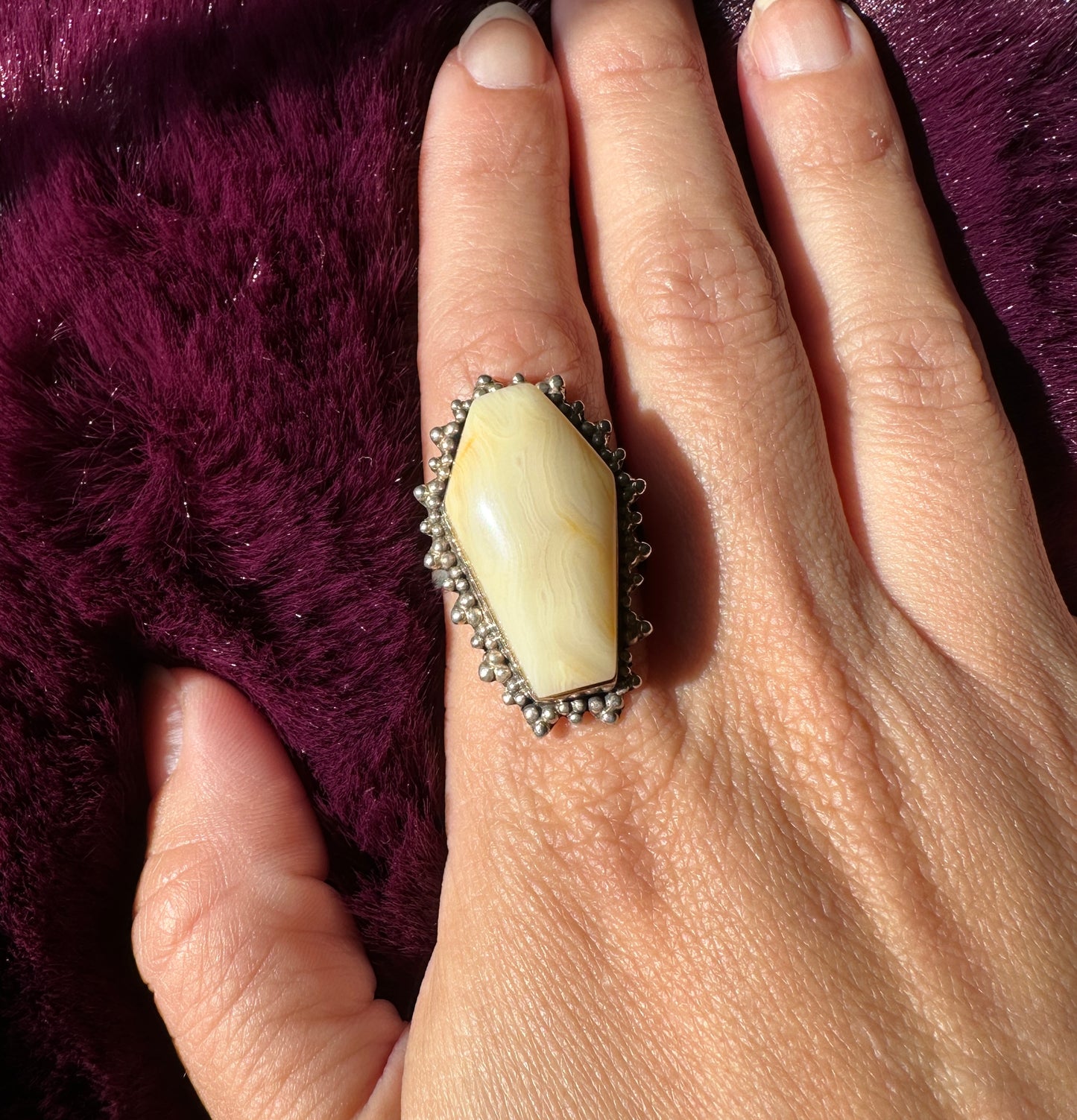 Cream Agate Coffin Ring SZ 7