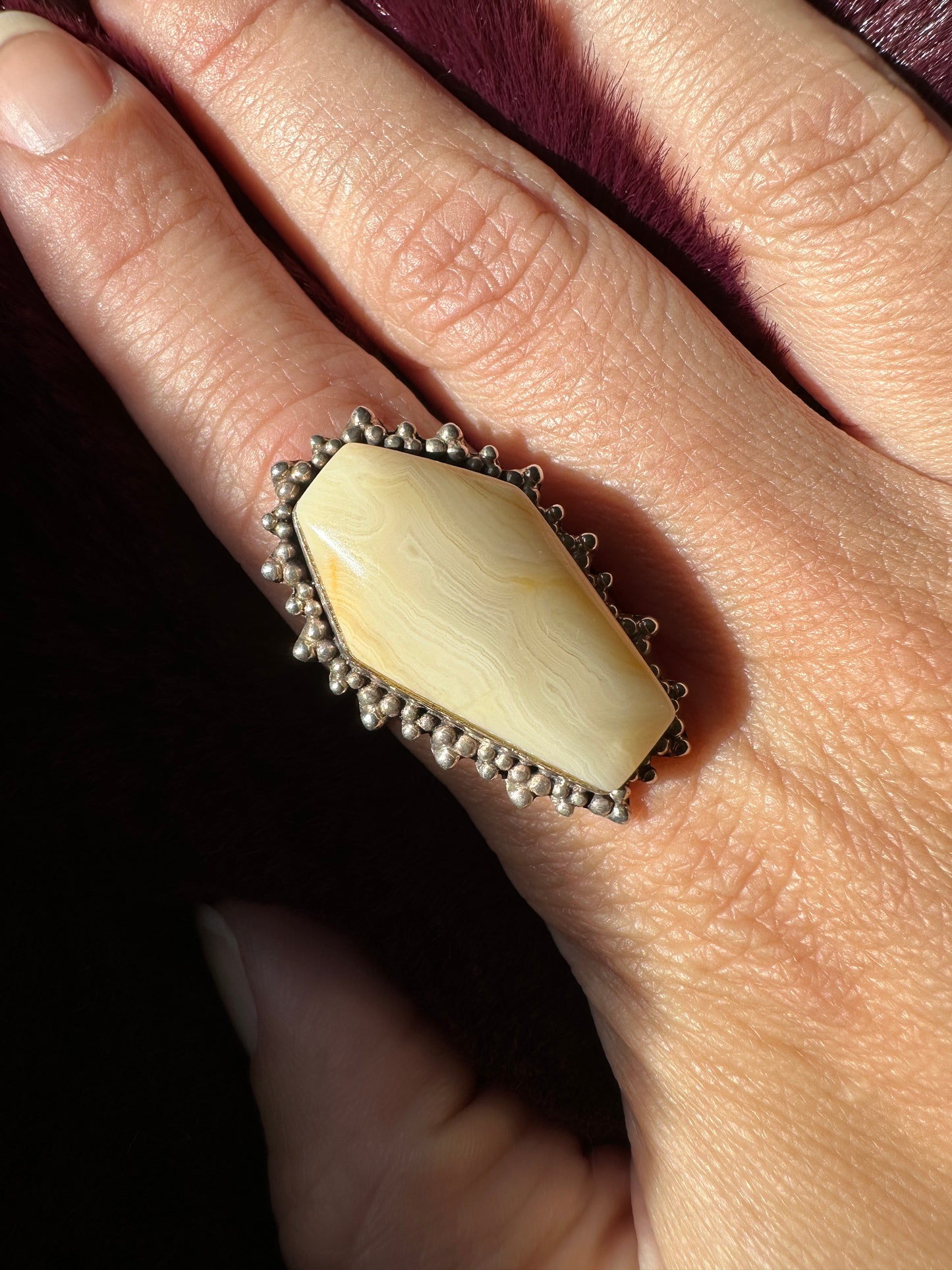 Cream Agate Coffin Ring SZ 7