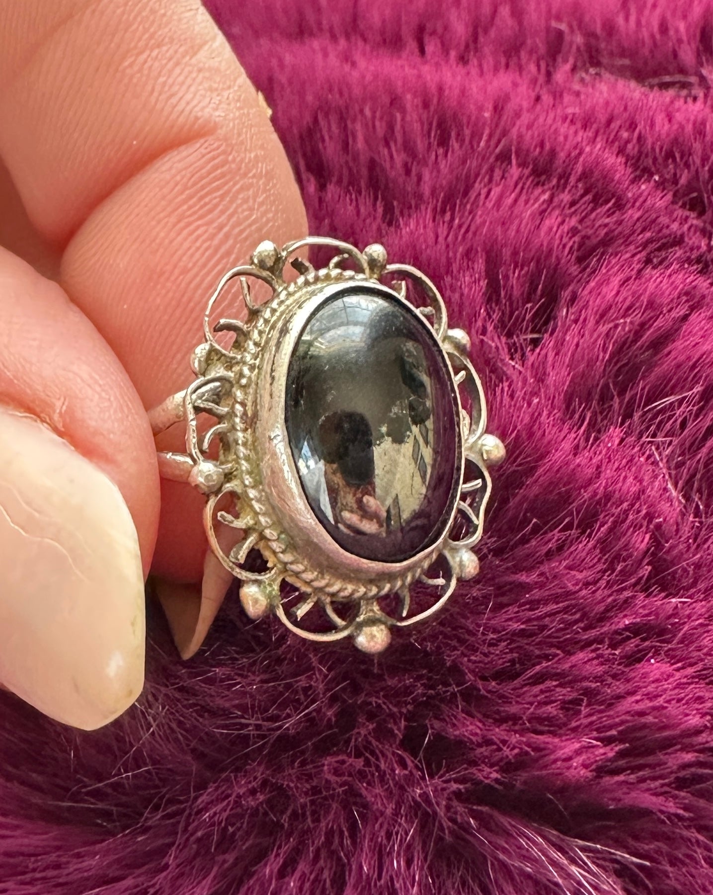 Silver & Hematite Scroll Ring SZ 6.5