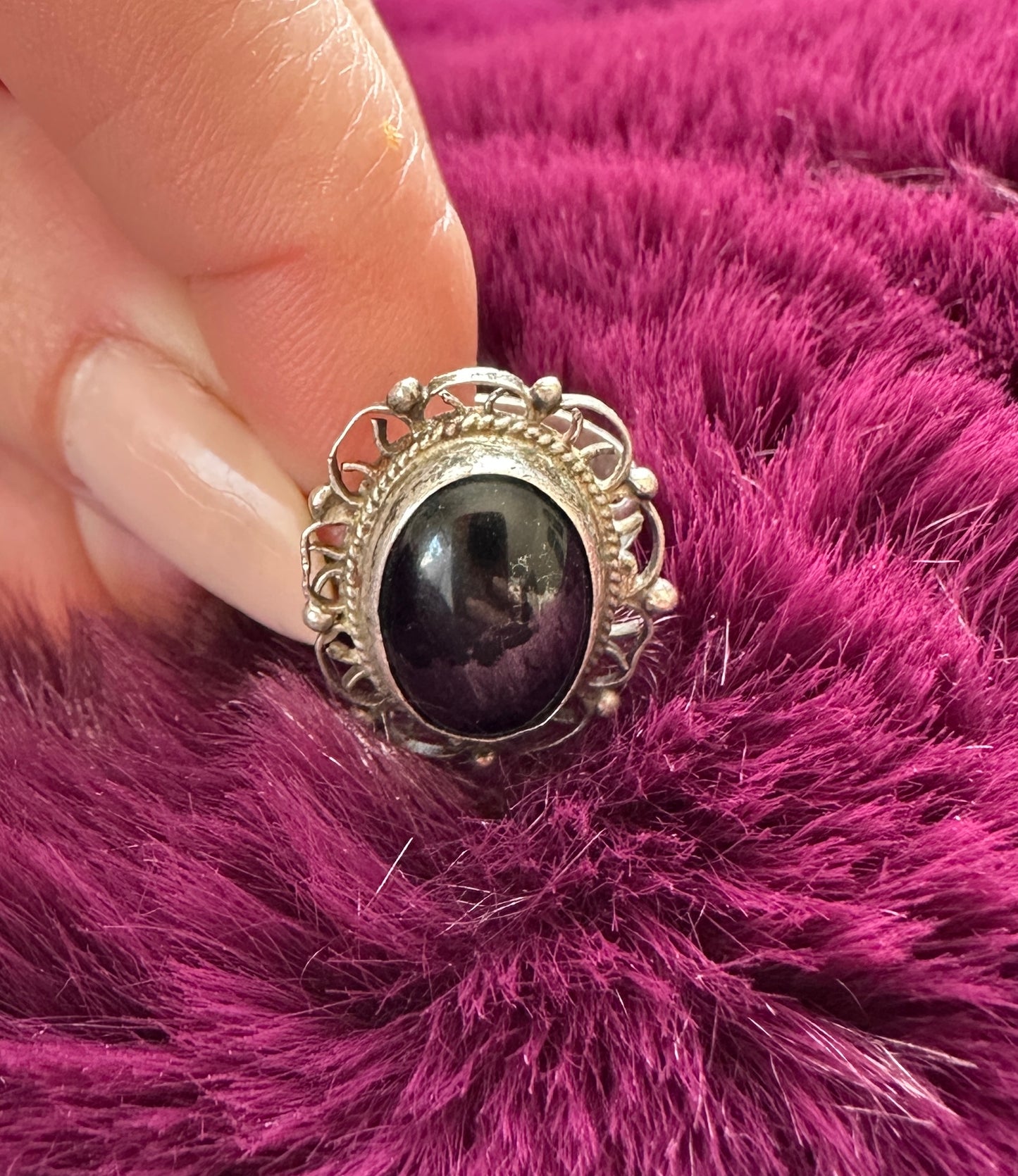 Silver & Hematite Scroll Ring SZ 6.5