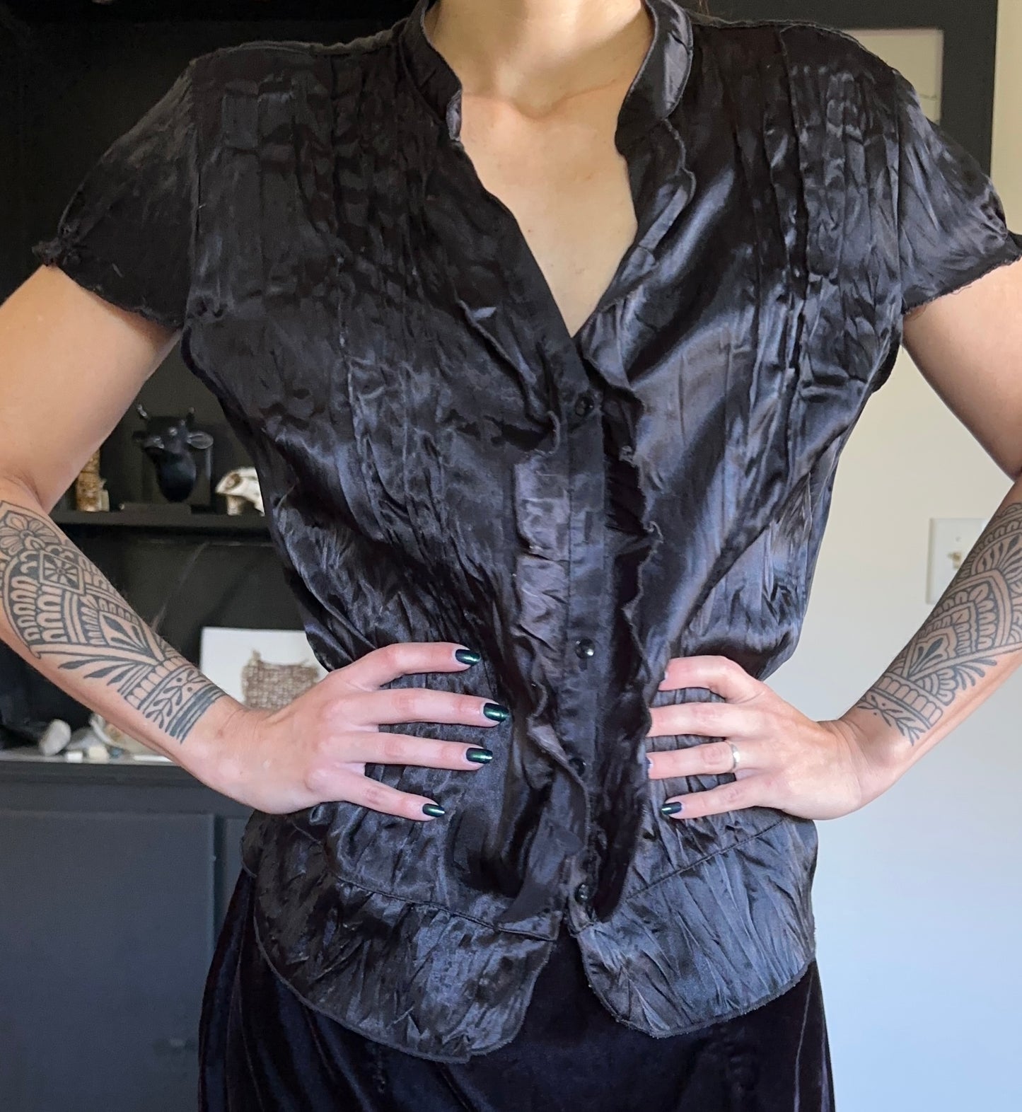 Satin Button Front Witchy Goth Top L