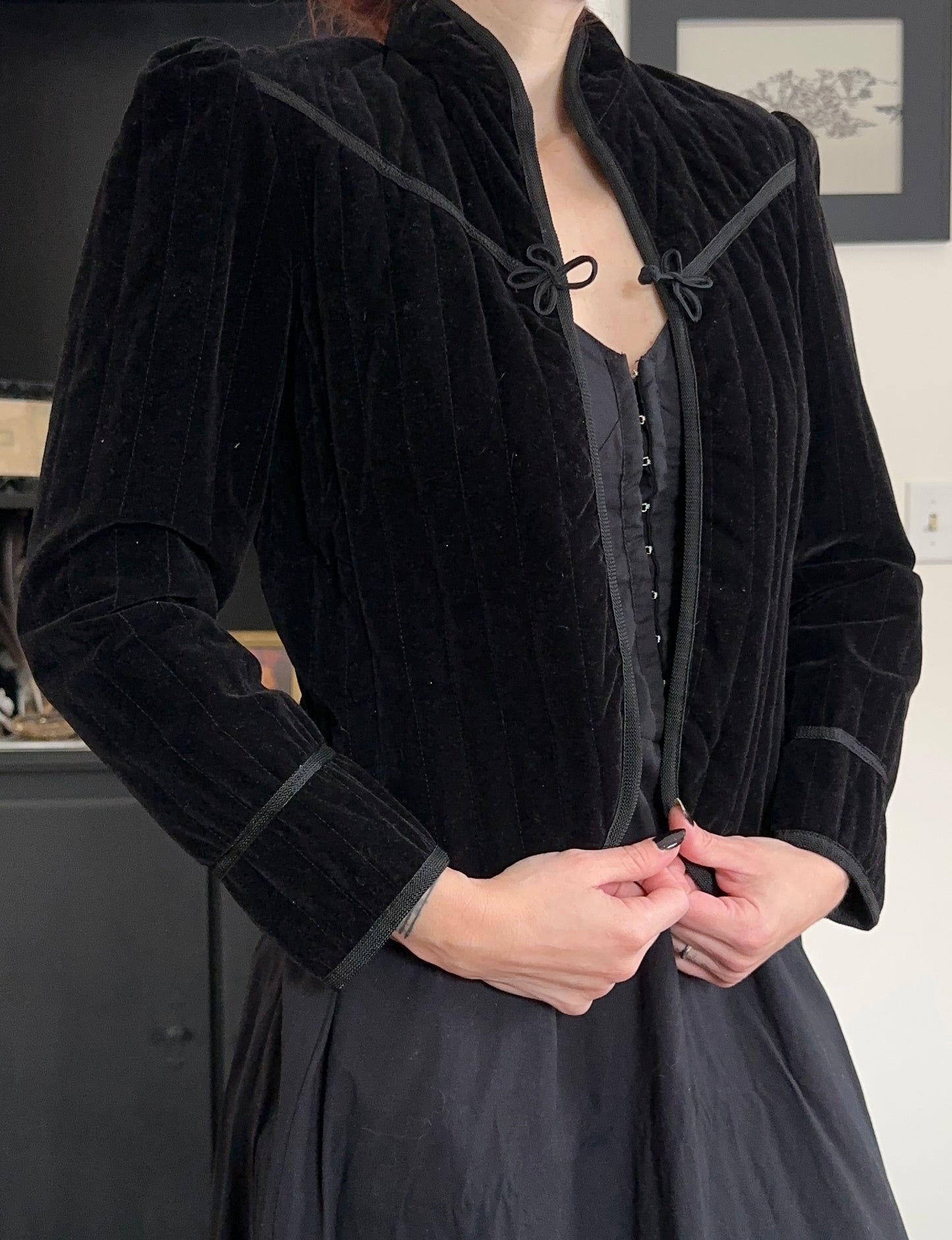 70s Quilted Black Velvet Prairie Jacket XS