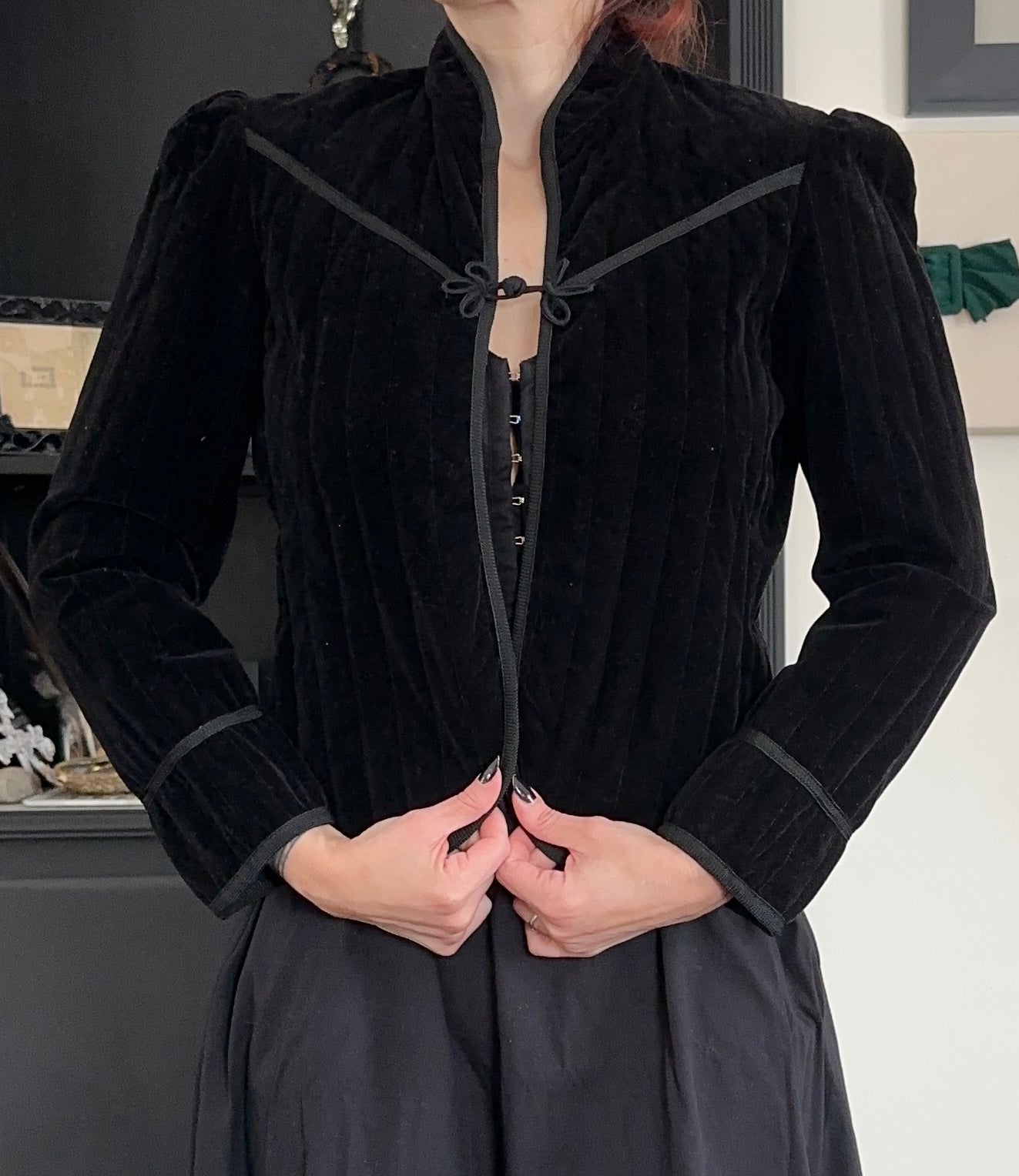 70s Quilted Black Velvet Prairie Jacket XS