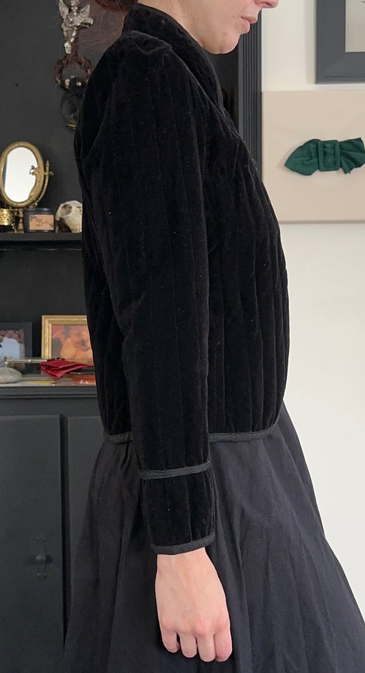 70s Quilted Black Velvet Prairie Jacket XS
