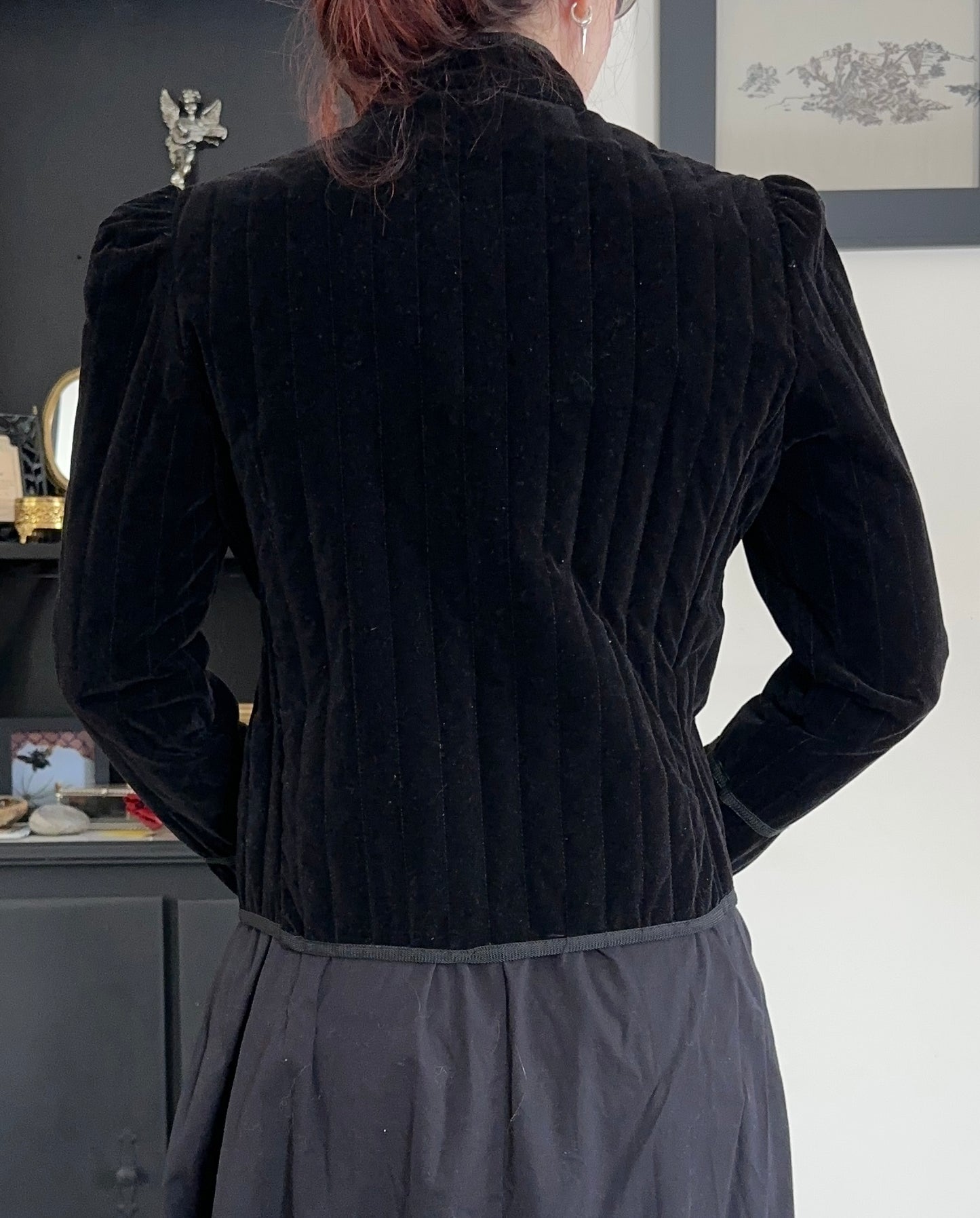 70s Quilted Black Velvet Prairie Jacket XS