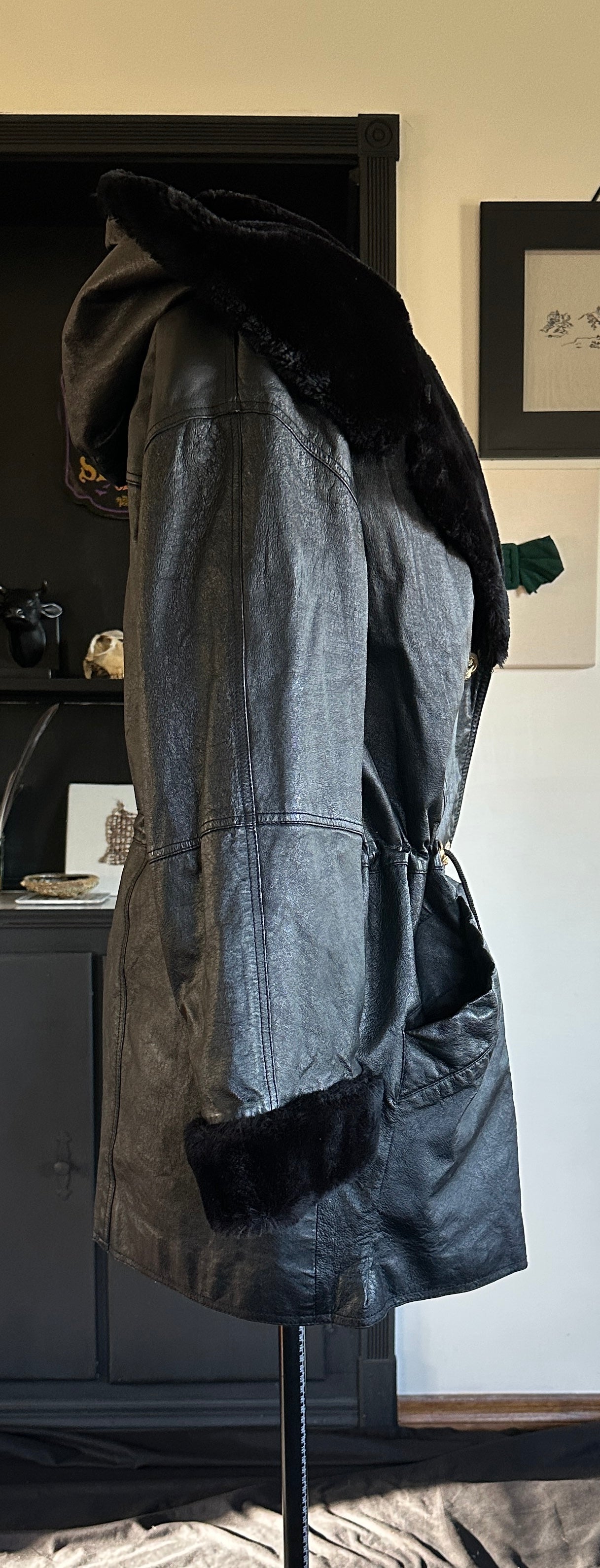 Vintage Leather Hooded Coat 2X