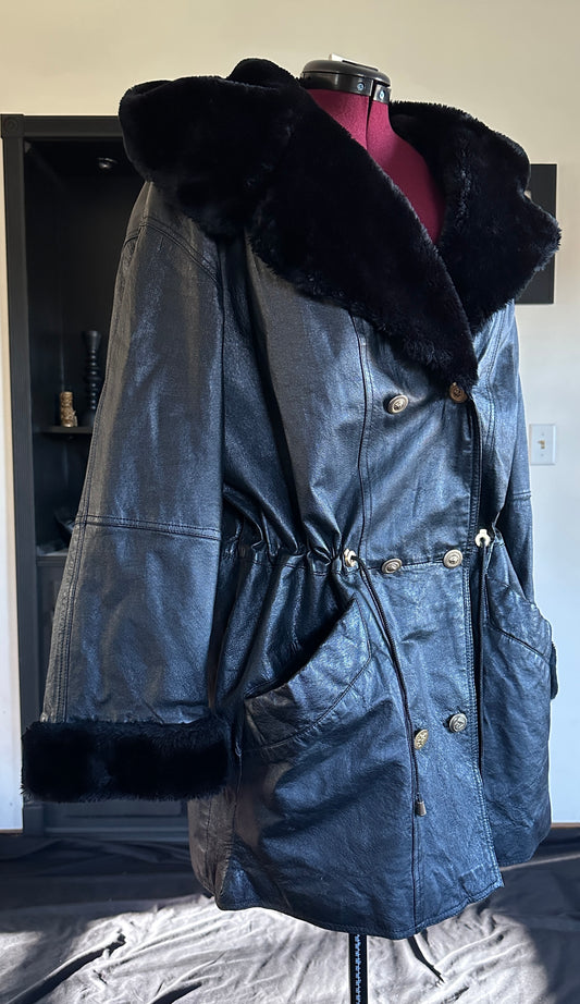 Vintage Leather Hooded Coat 2X