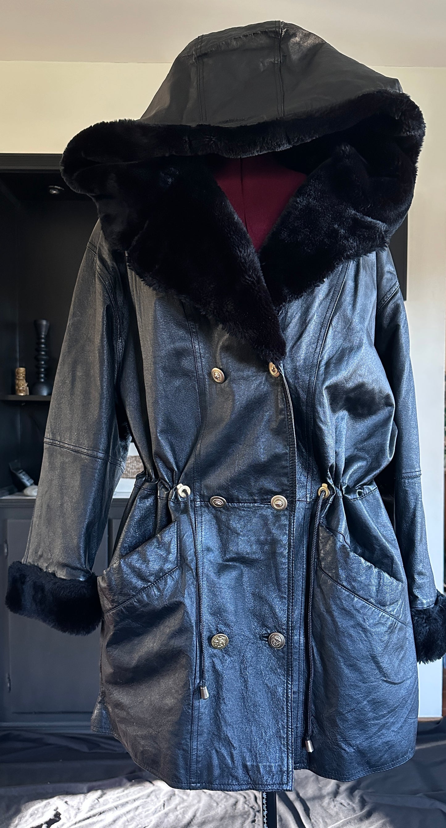 Vintage Leather Hooded Coat 2X