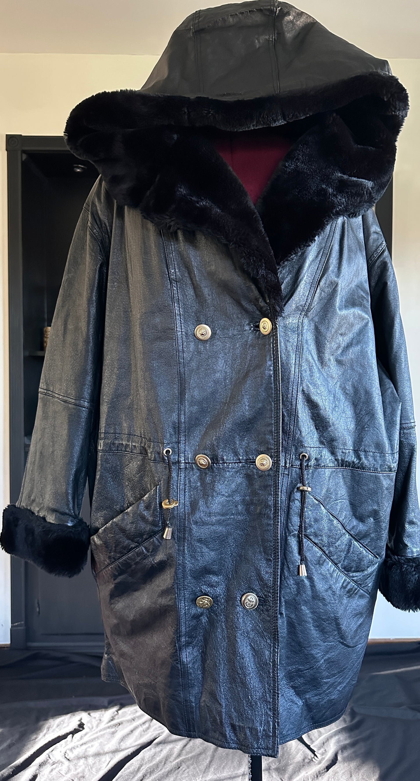 Vintage Leather Hooded Coat 2X