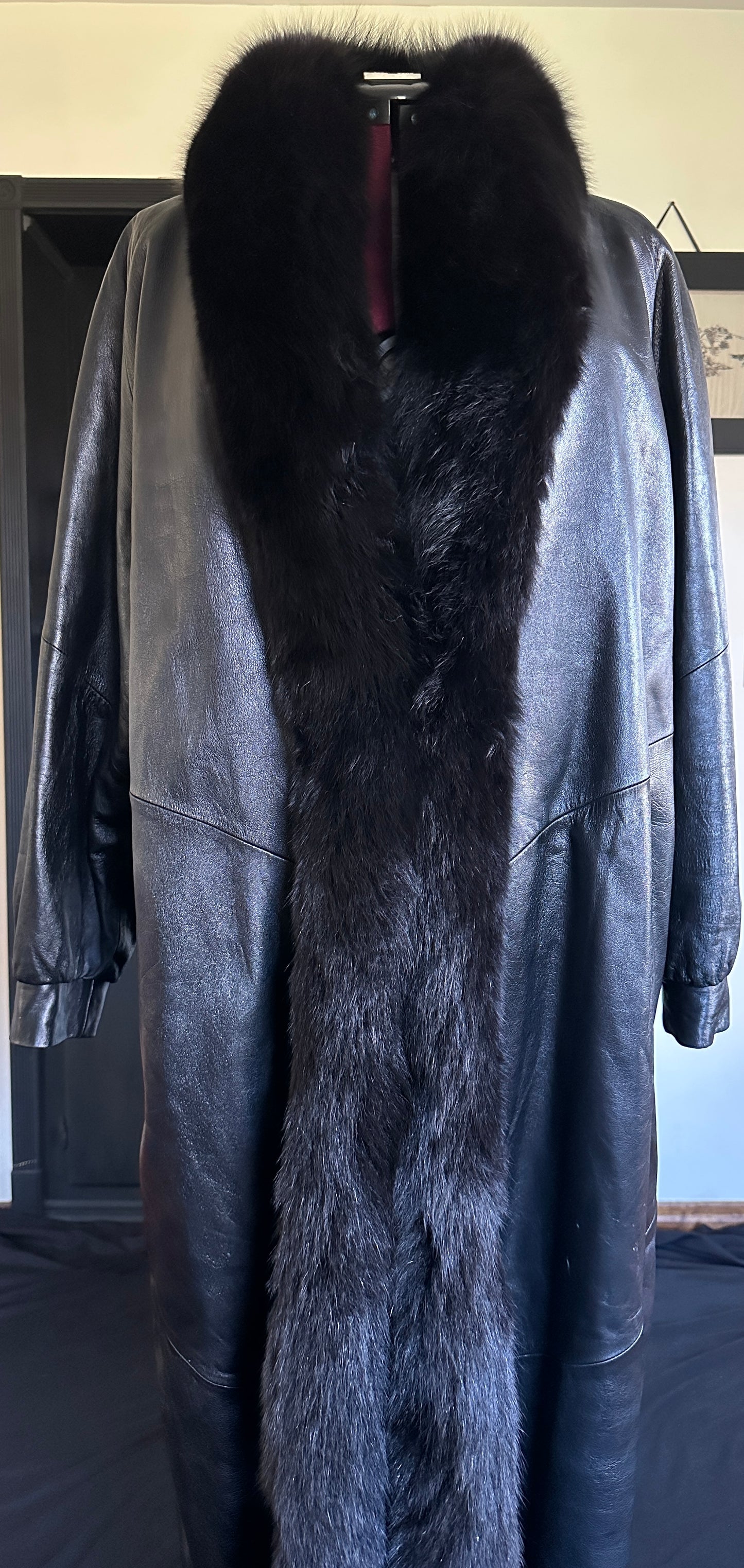 Vintage Leather & Fox Fur Coat XL