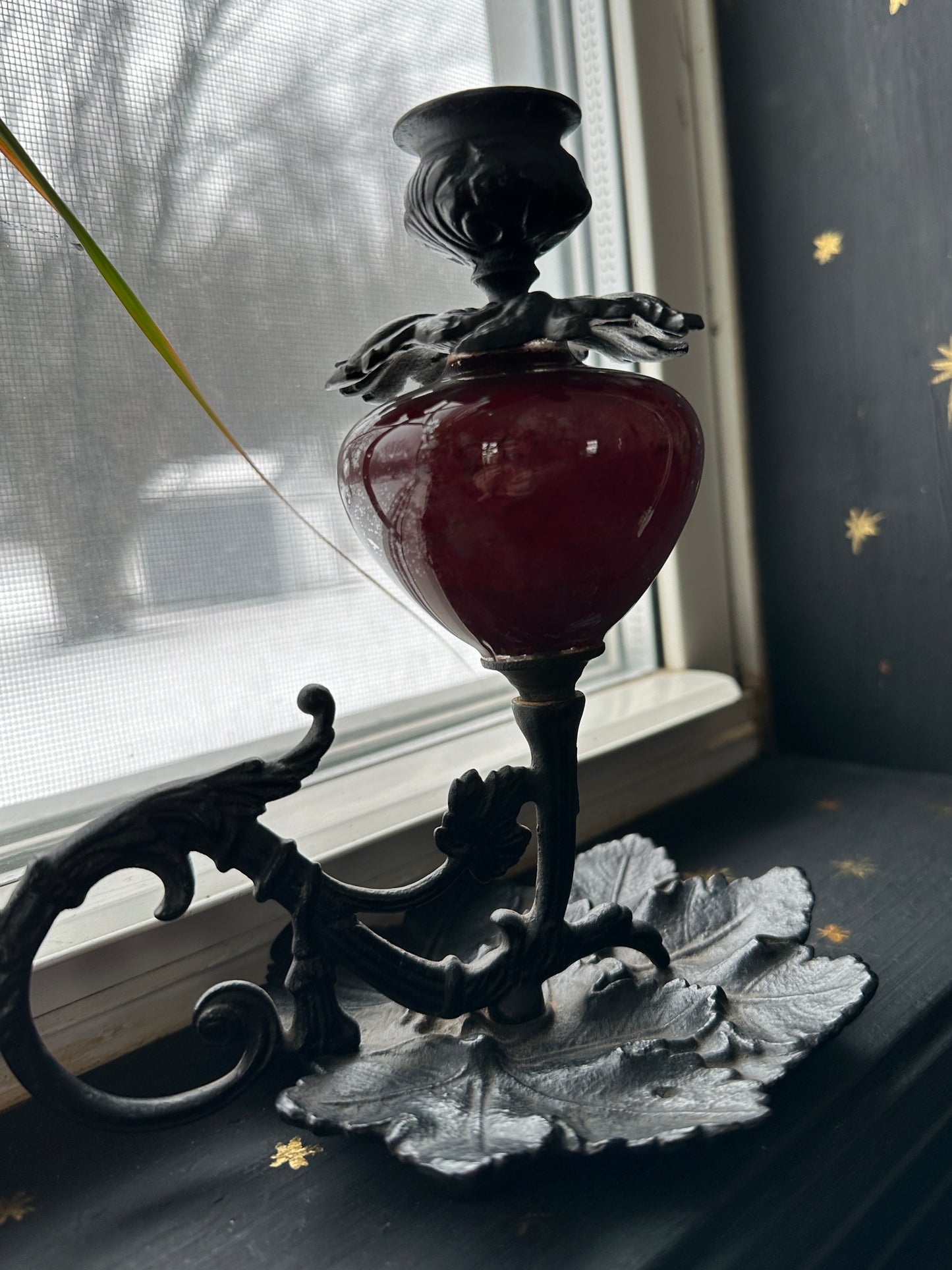 Victorian Gothic Cast Iron & Glass Candlestick
