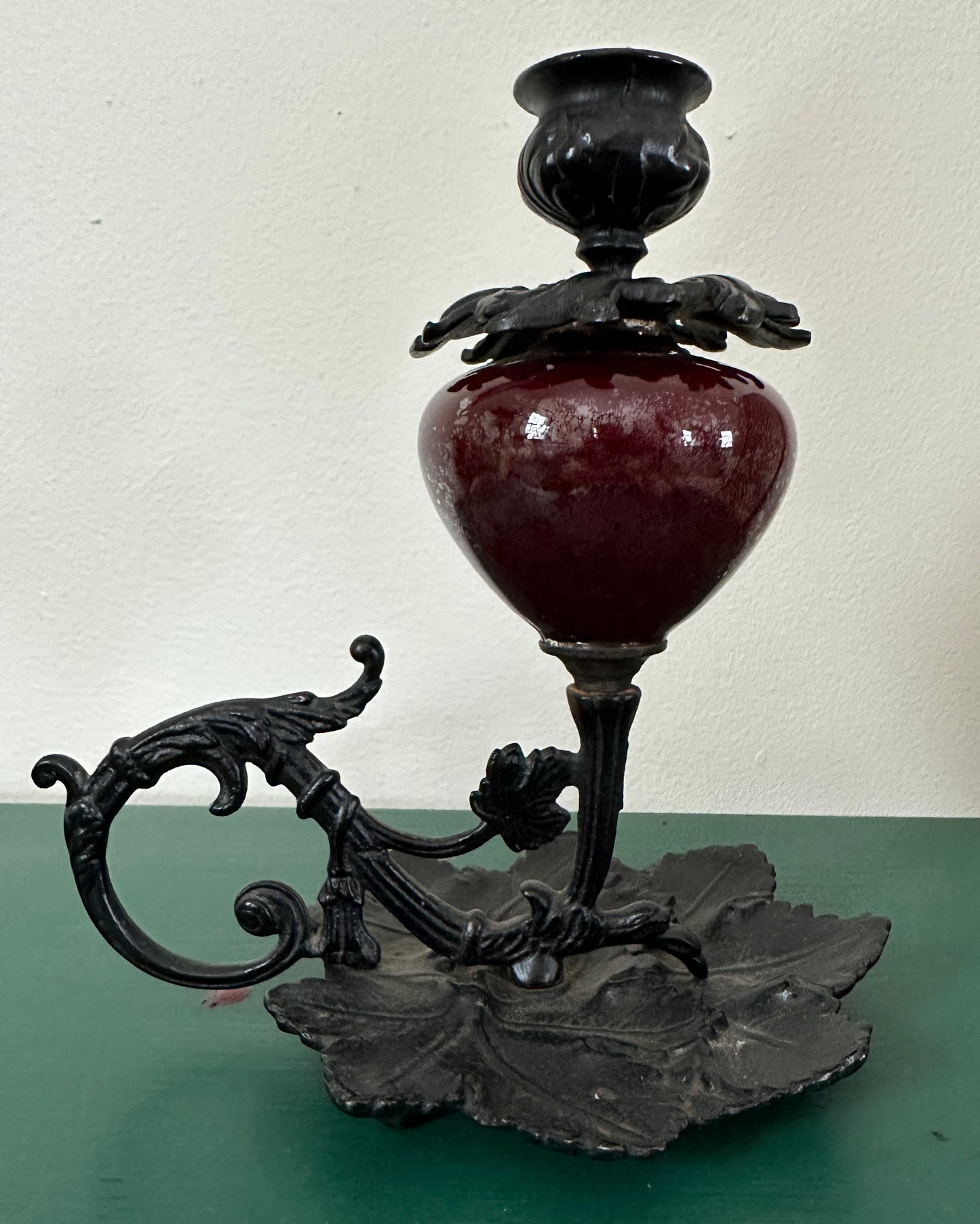 Victorian Gothic Cast Iron & Glass Candlestick