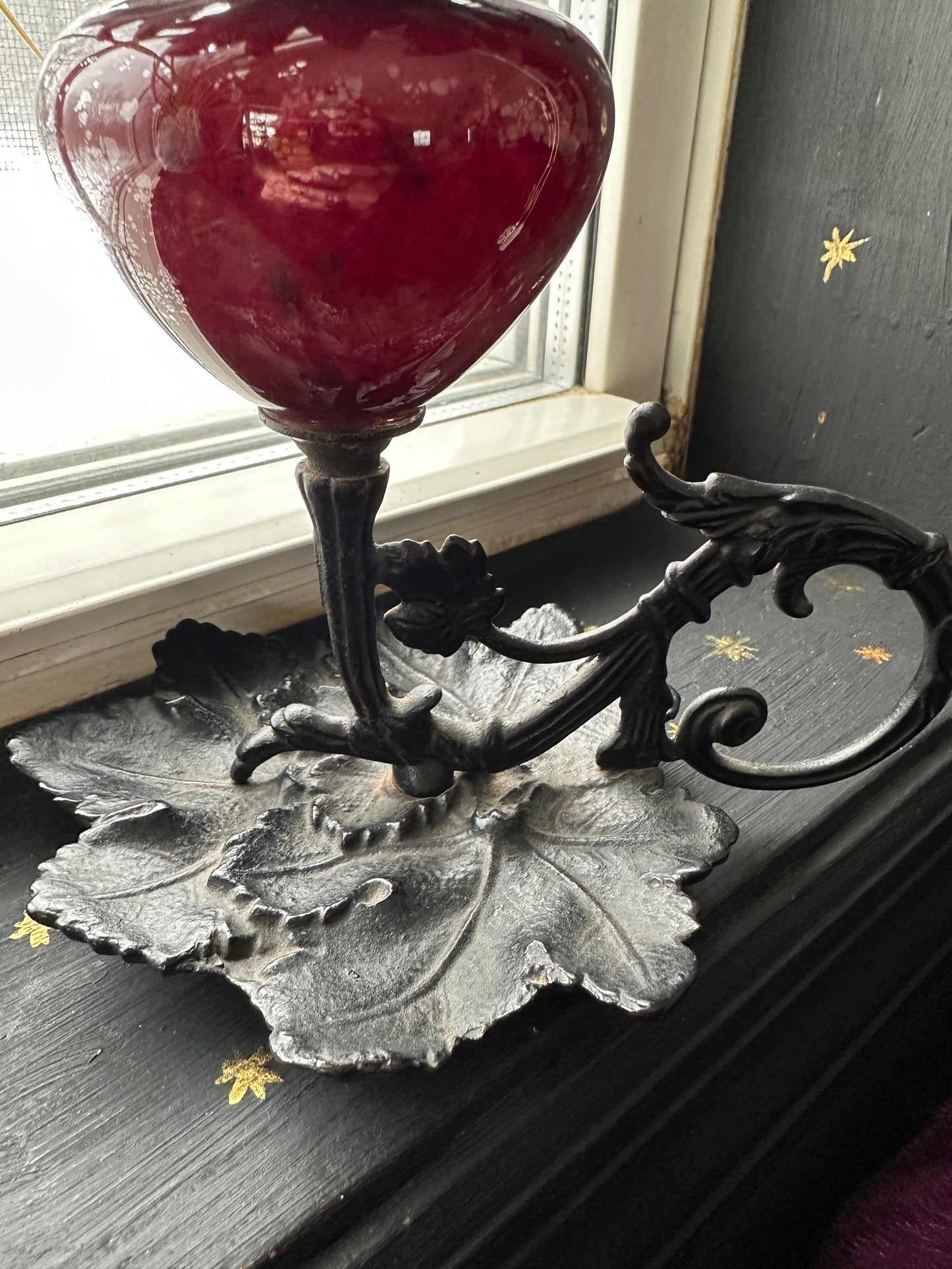 Victorian Gothic Cast Iron & Glass Candlestick