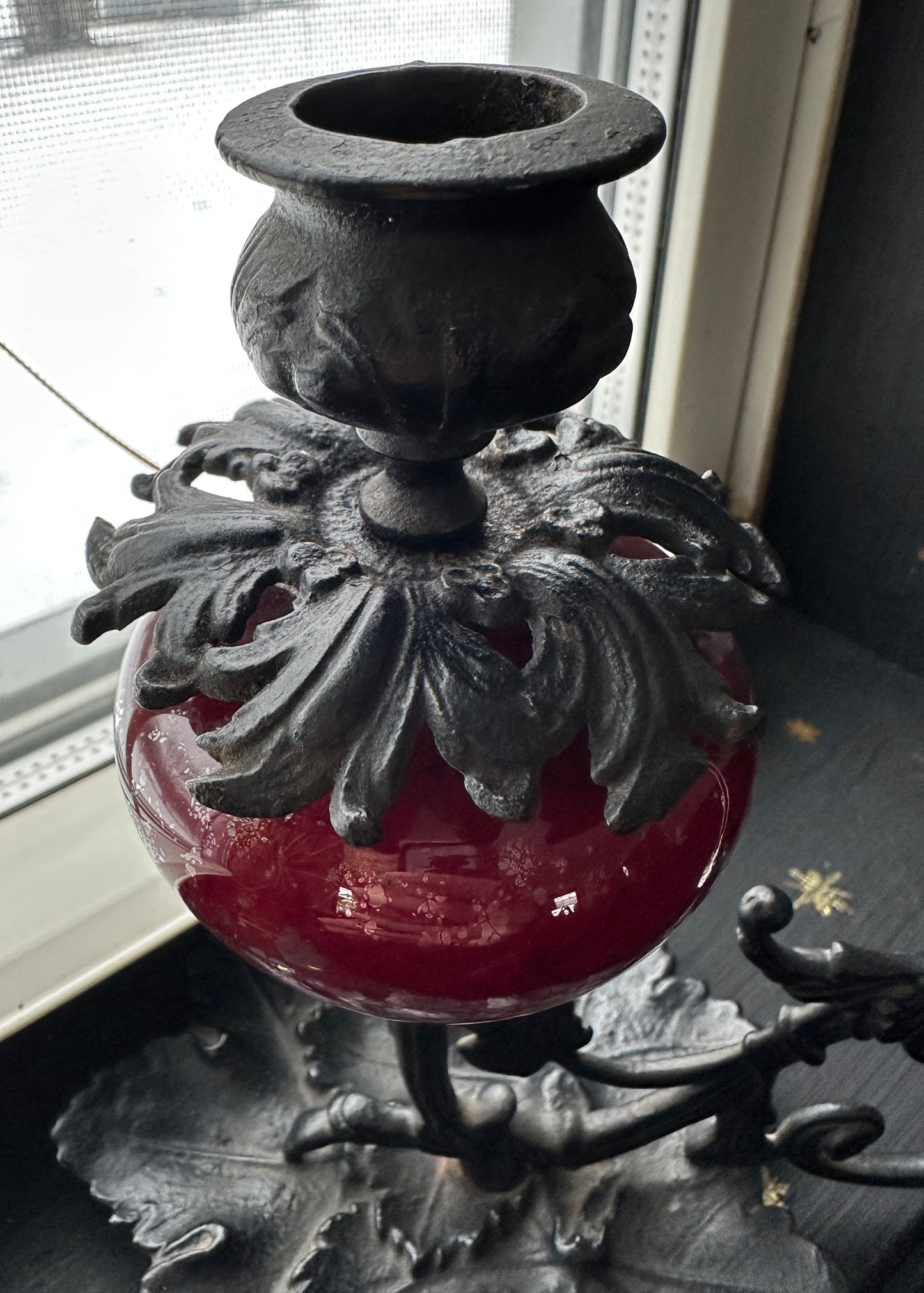 Victorian Gothic Cast Iron & Glass Candlestick