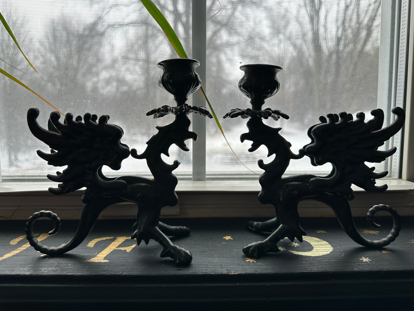 Gothic Cast Iron Gryphon Candlesticks