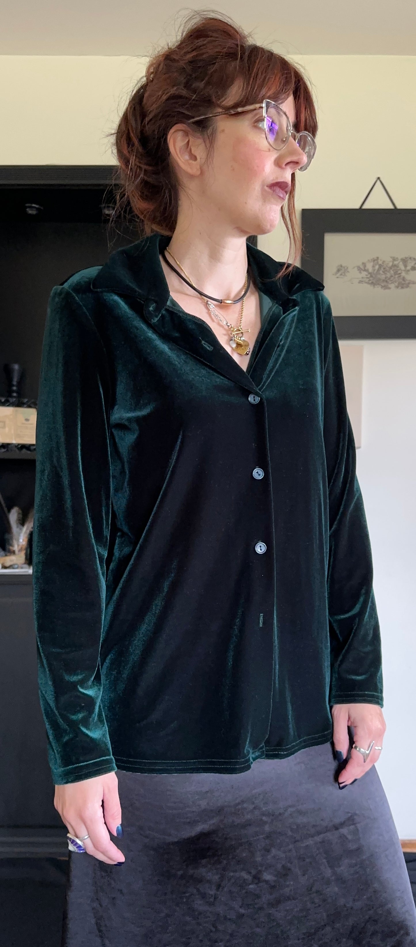 Stretch Velvet Button Front Top S