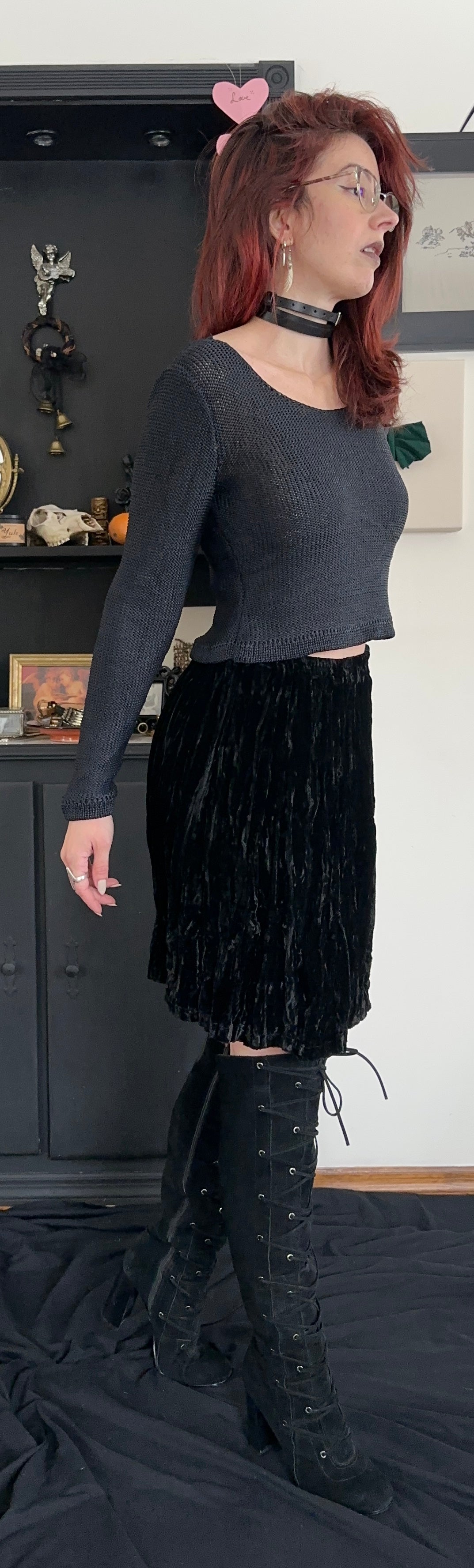 Vintage 90s Velvet Pleated Skirt L-XL