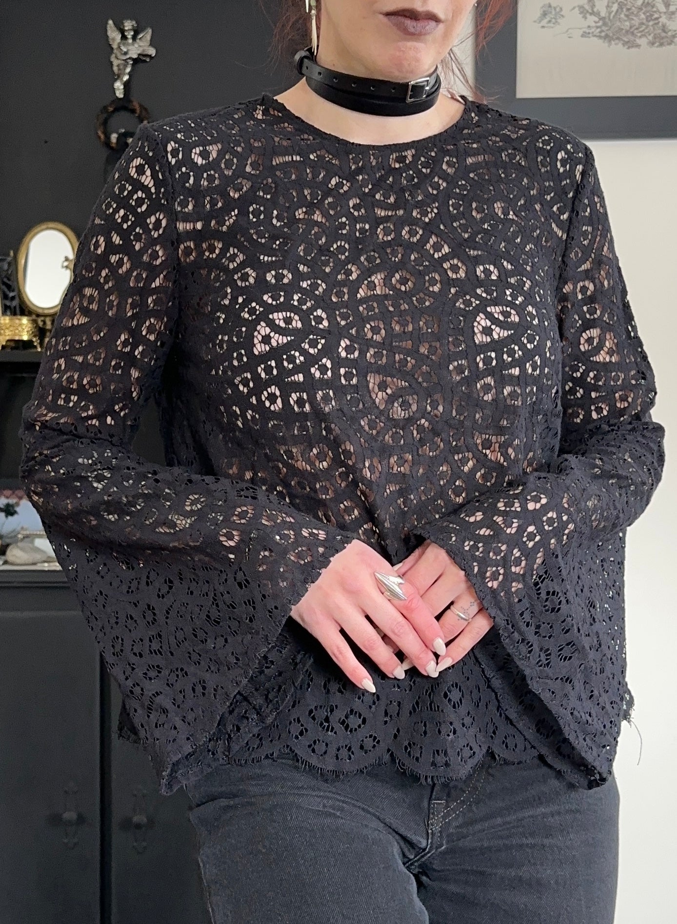 Sheer Lace Trumpet Sleeve Top M-L