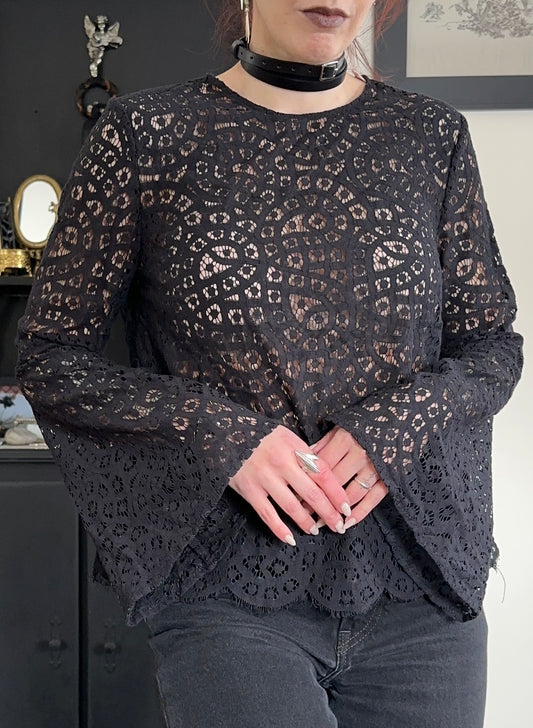 Sheer Lace Trumpet Sleeve Top M-L