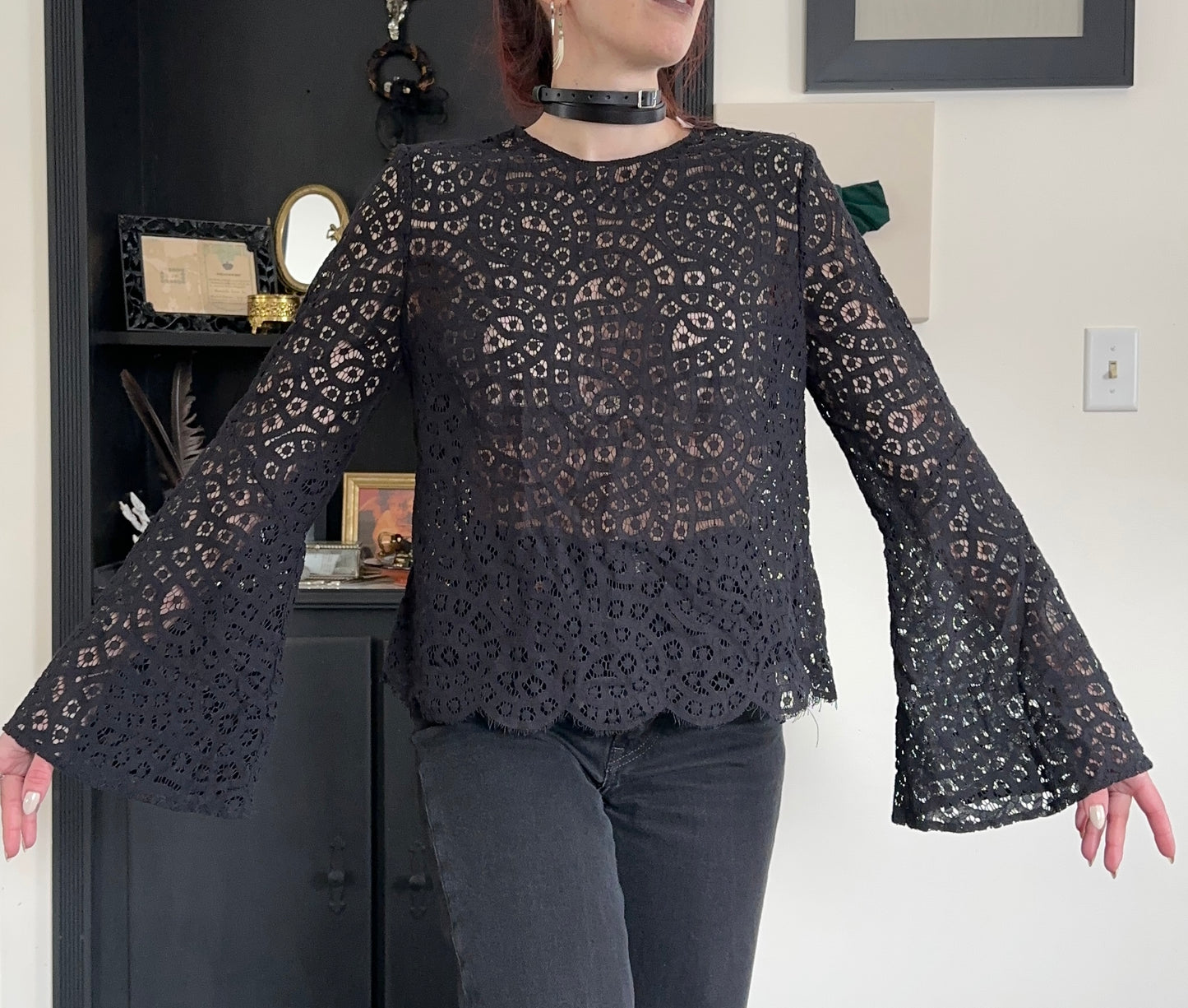 Sheer Lace Trumpet Sleeve Top M-L