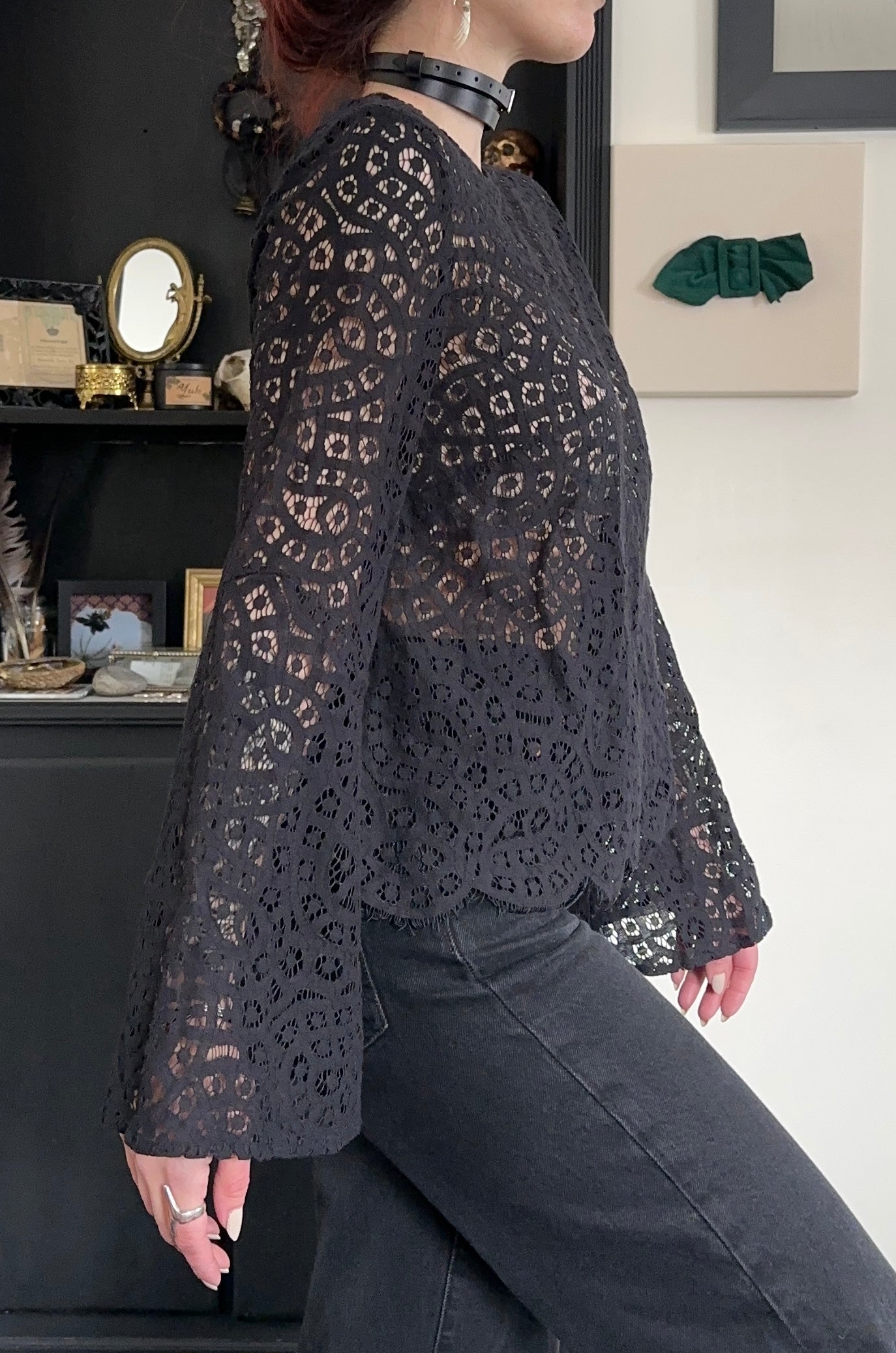 Sheer Lace Trumpet Sleeve Top M-L