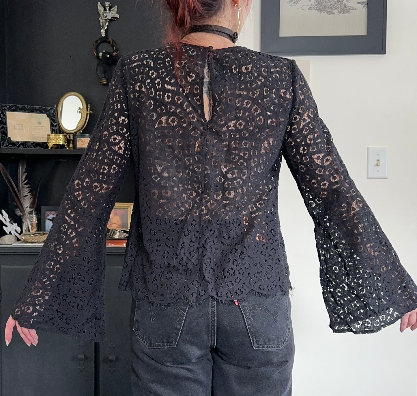 Sheer Lace Trumpet Sleeve Top M-L