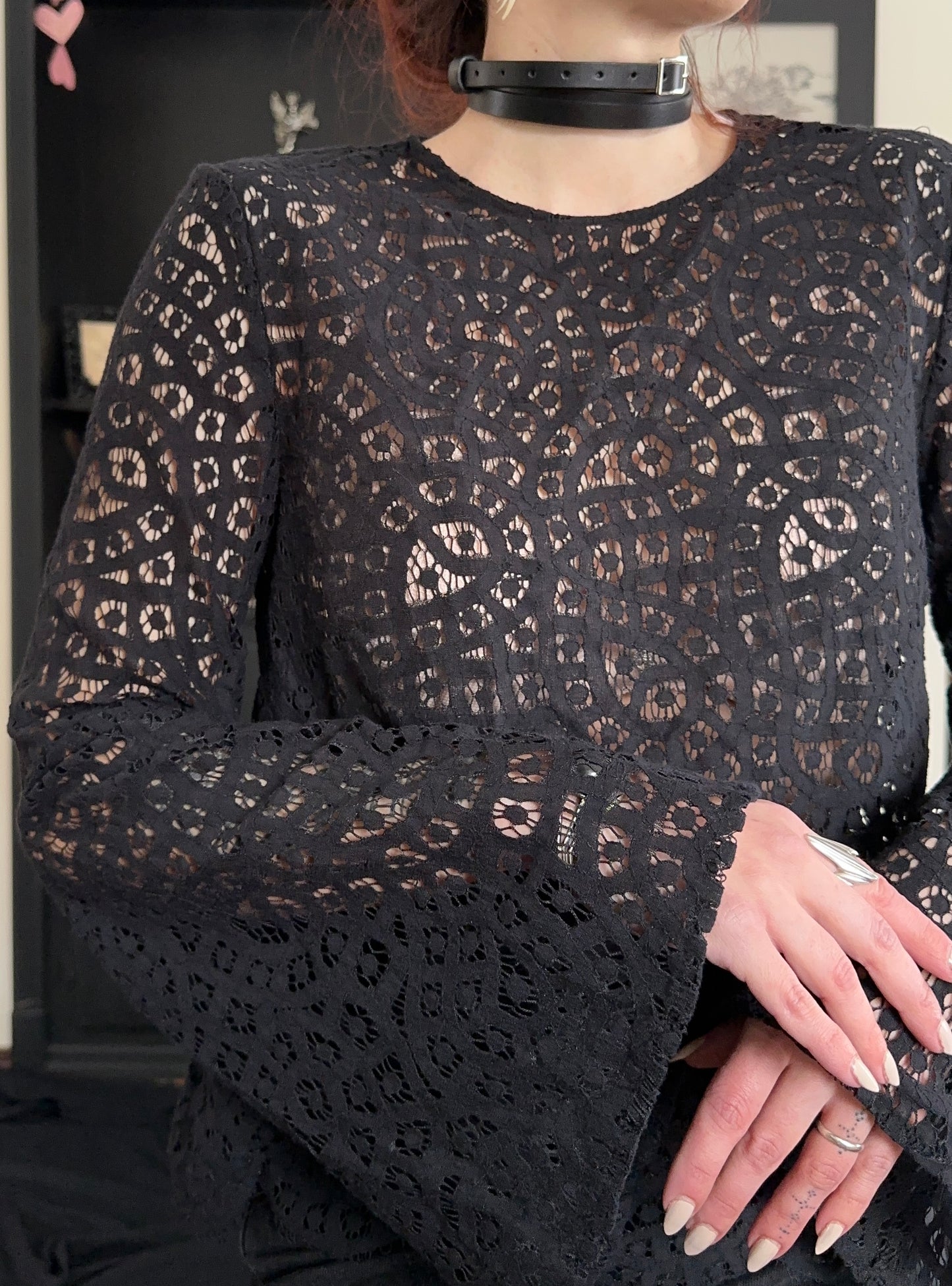 Sheer Lace Trumpet Sleeve Top M-L