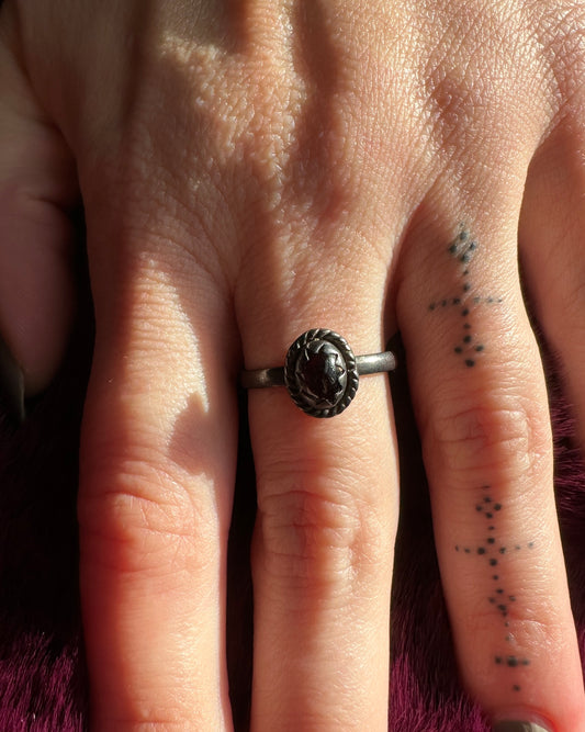 Gothic Garnet & Silver Solitaire Ring SZ 6.5