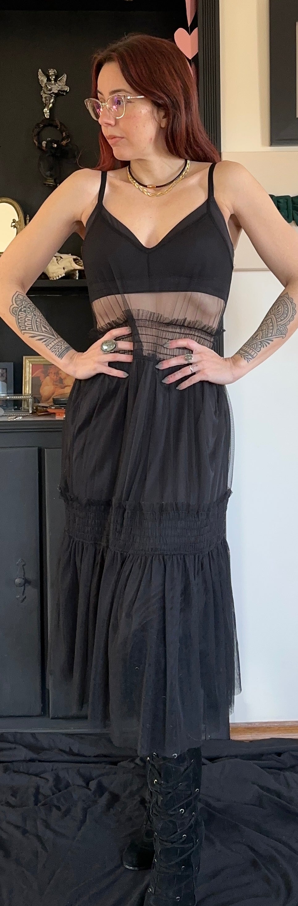 Sheer Tulle Tiered Gothic Dress M