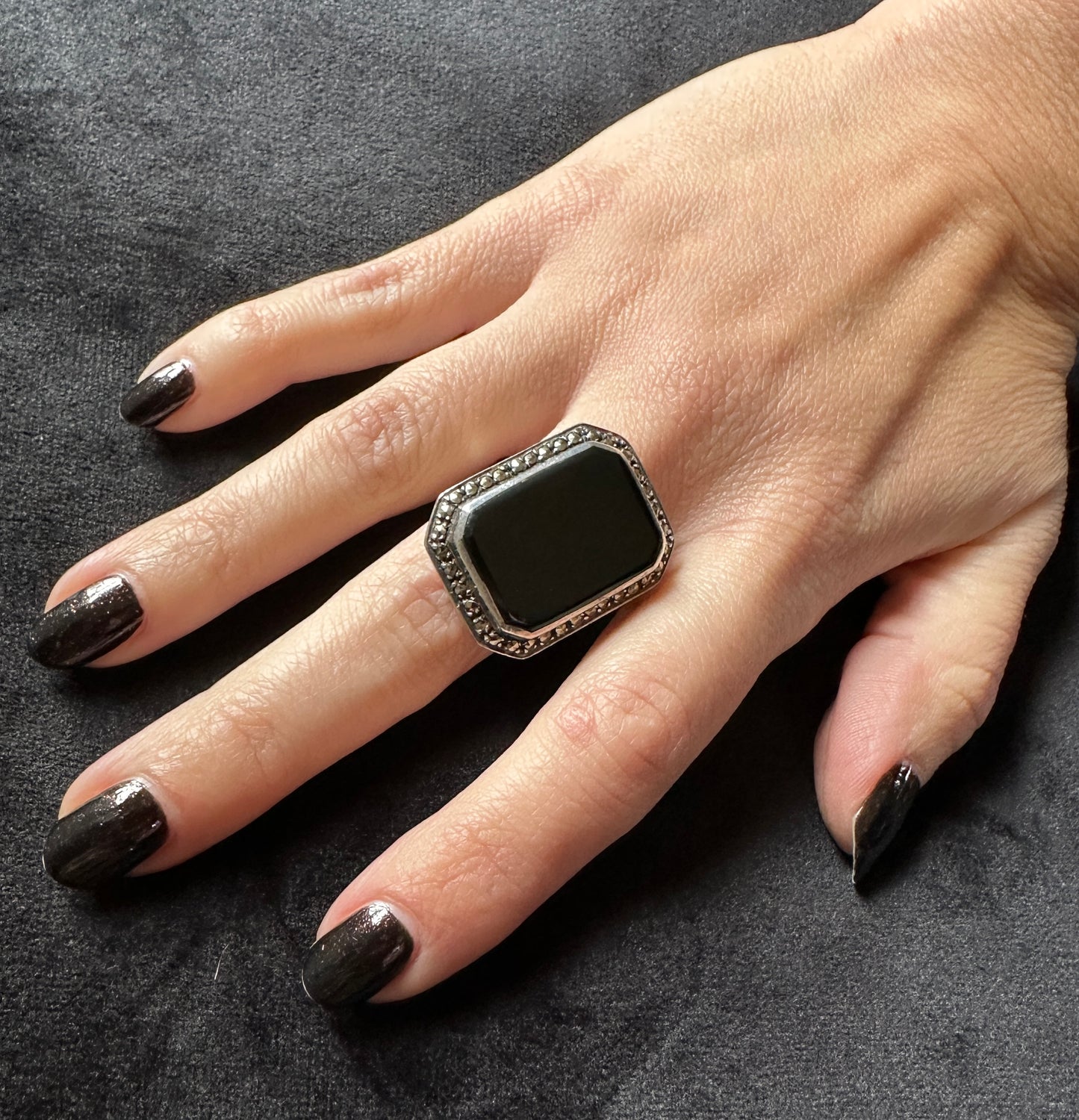 Art Deco Sterling Silver Onyx Statement Ring SZ 6.75 - 7