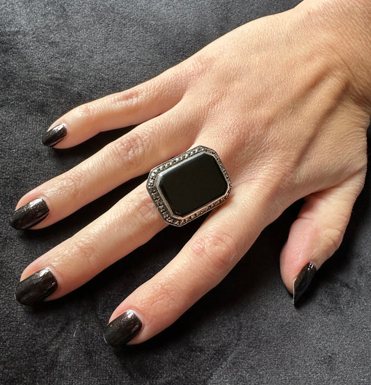 Art Deco Sterling Silver Onyx Statement Ring SZ 6.75 - 7