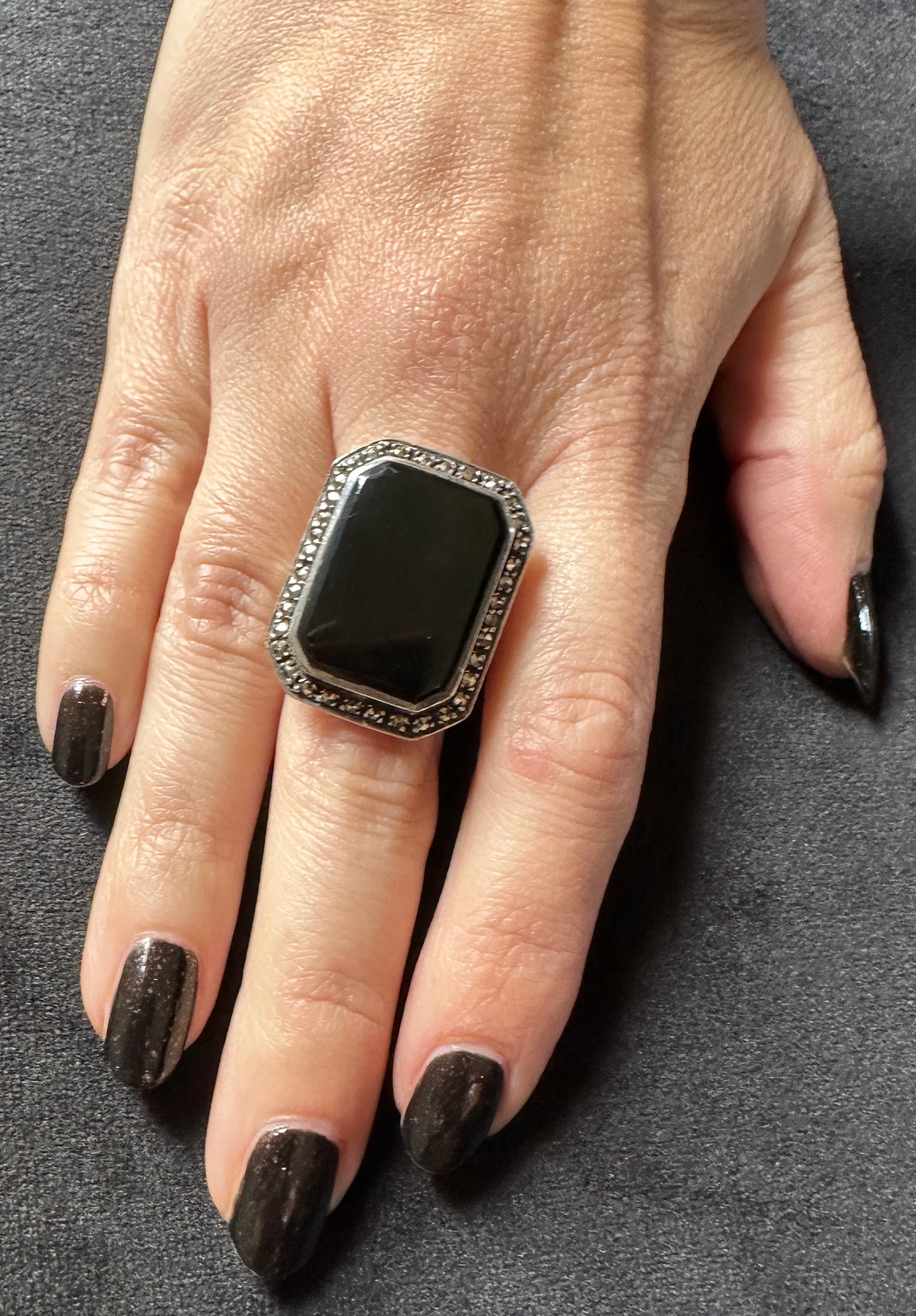 Art Deco Sterling Silver Onyx Statement Ring SZ 6.75 - 7