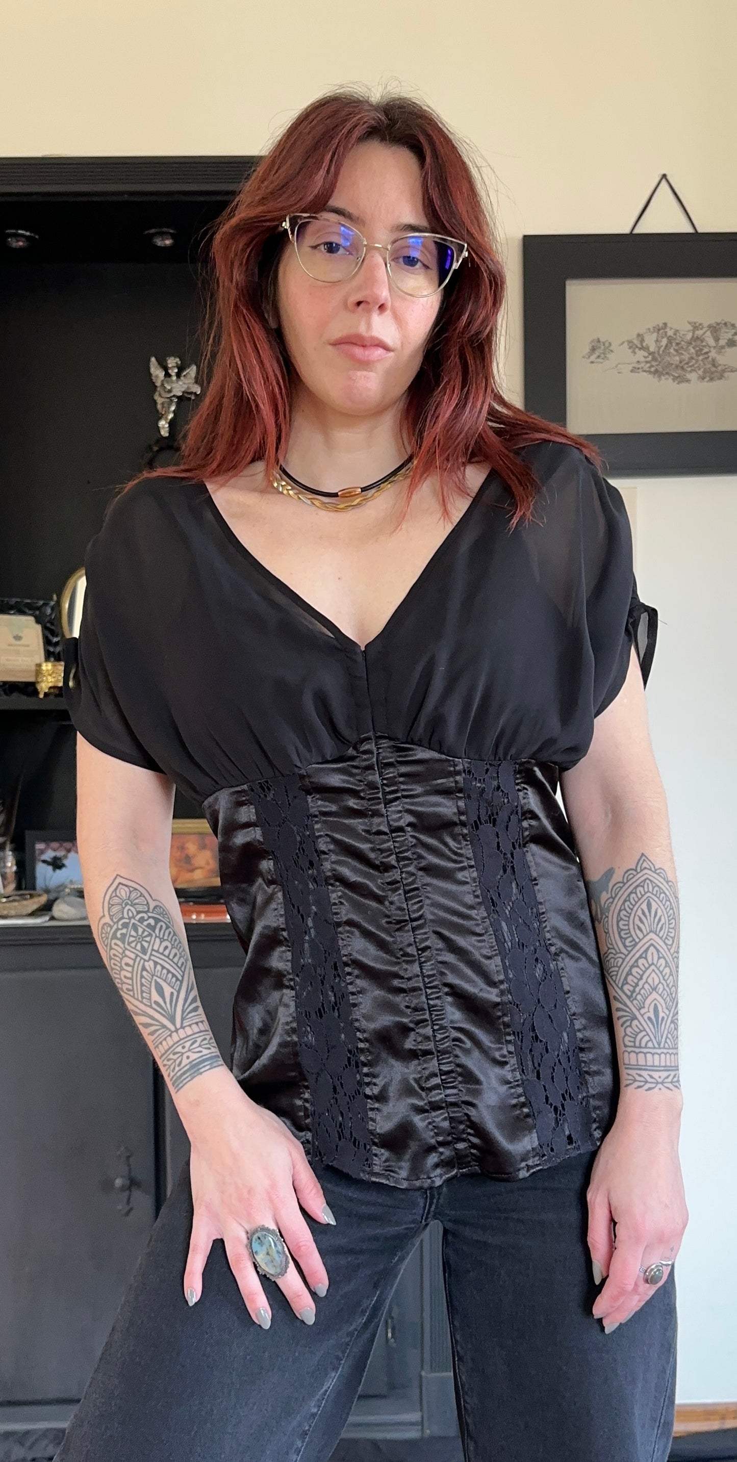 Satin And Chiffon Bodice Top L
