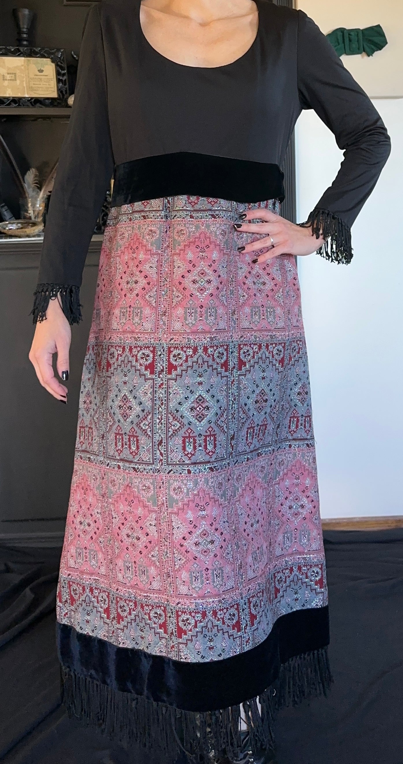 70s Tapestry Fringed Dress M - L