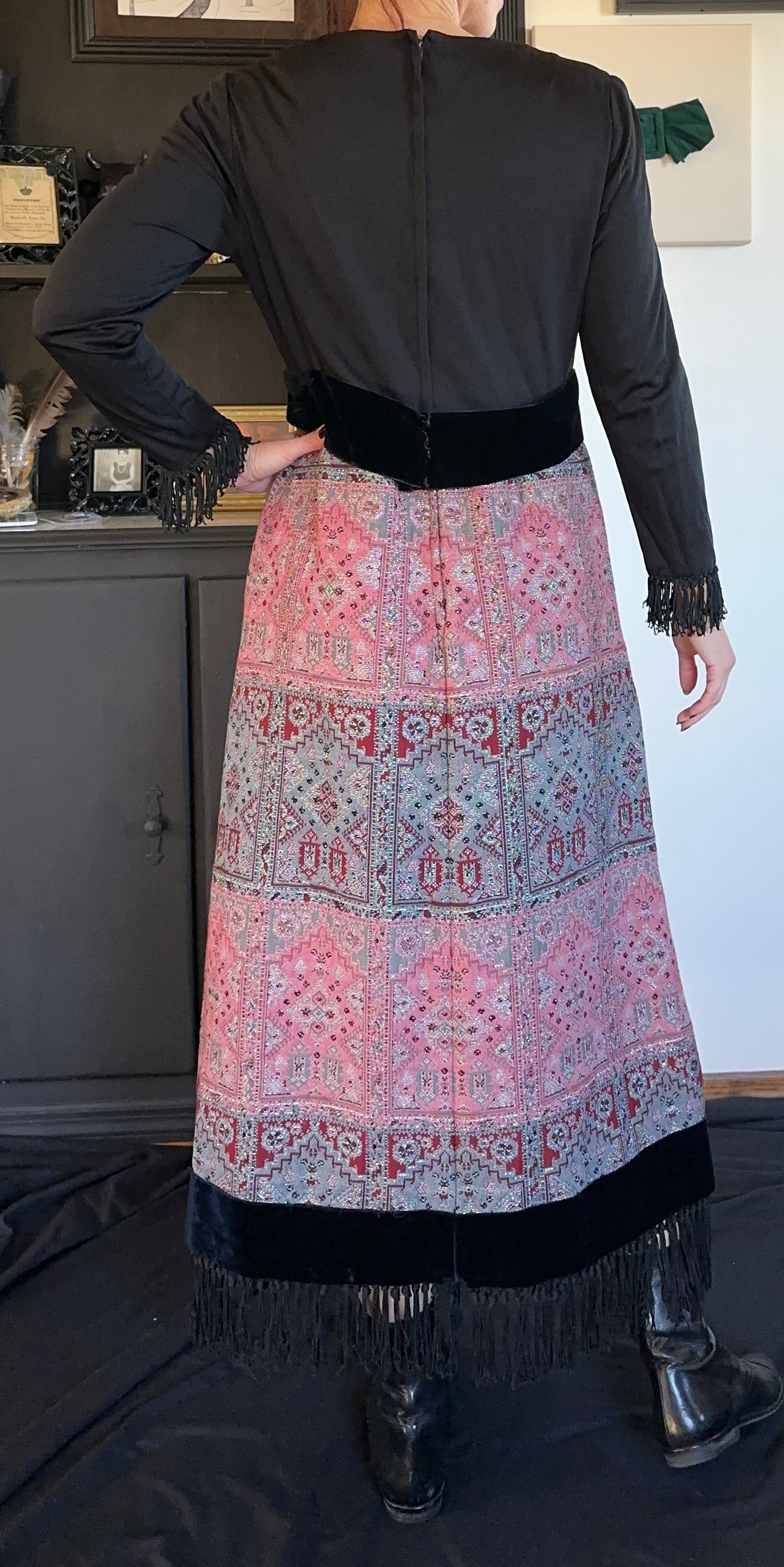 70s Tapestry Fringed Dress M - L