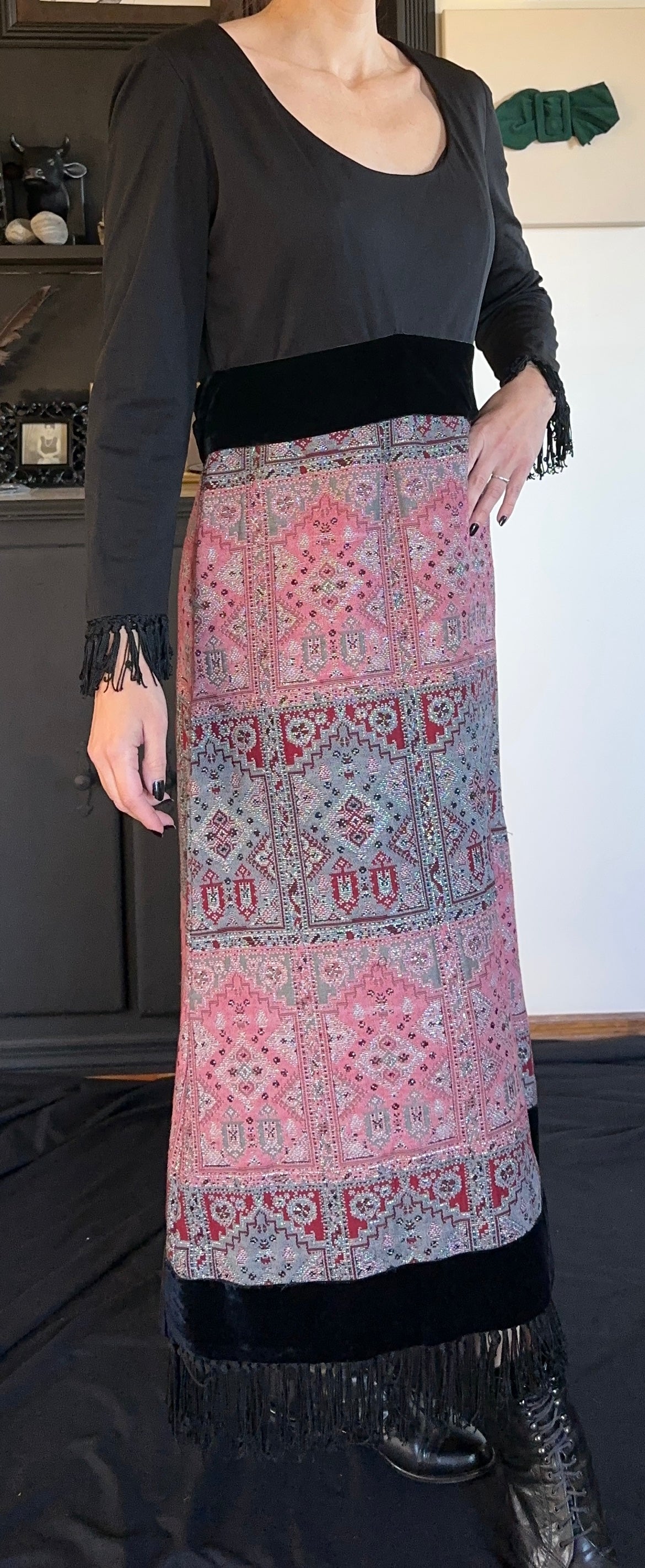 70s Tapestry Fringed Dress M - L
